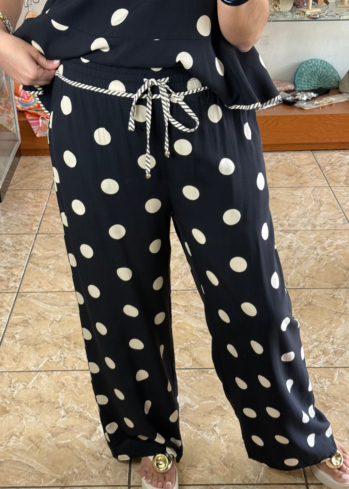 Black/Beige Polkadots Pant Set
