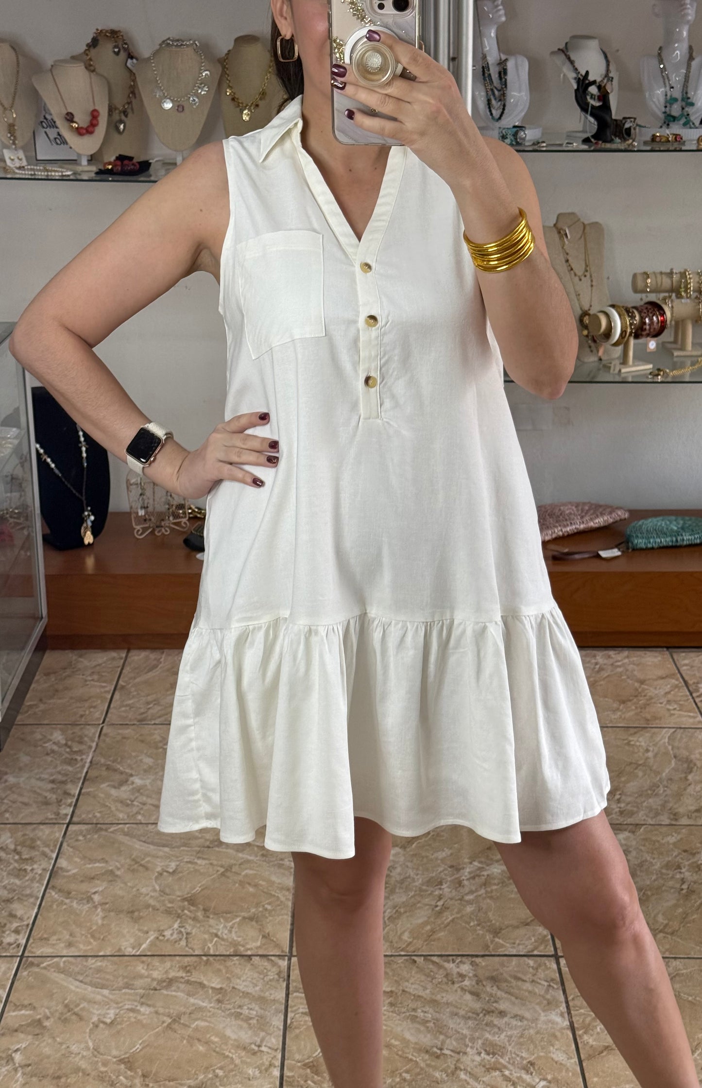 Off White Sleeveless Casual Dress