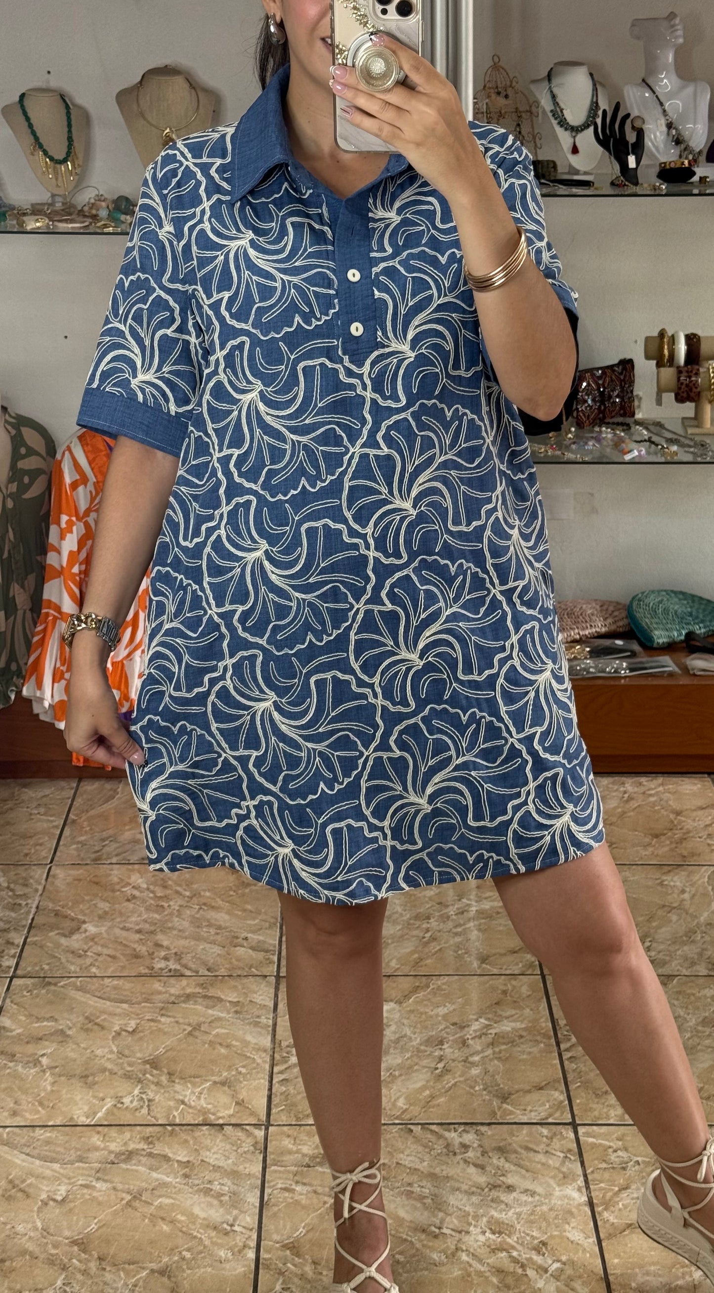 Blue/Cream Polo Style Dress