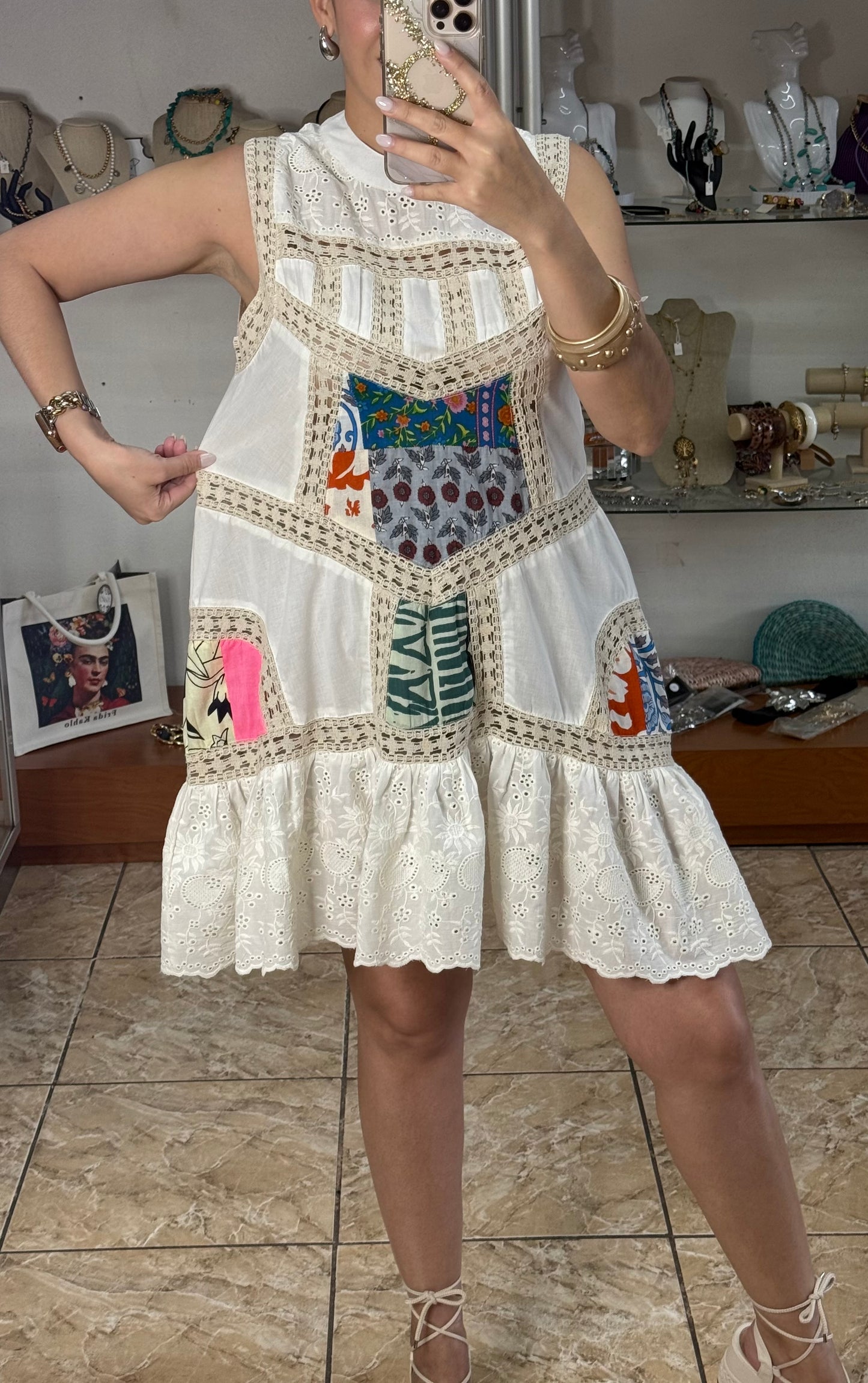 Patches and Eyelet Sleeveless Mini Dress