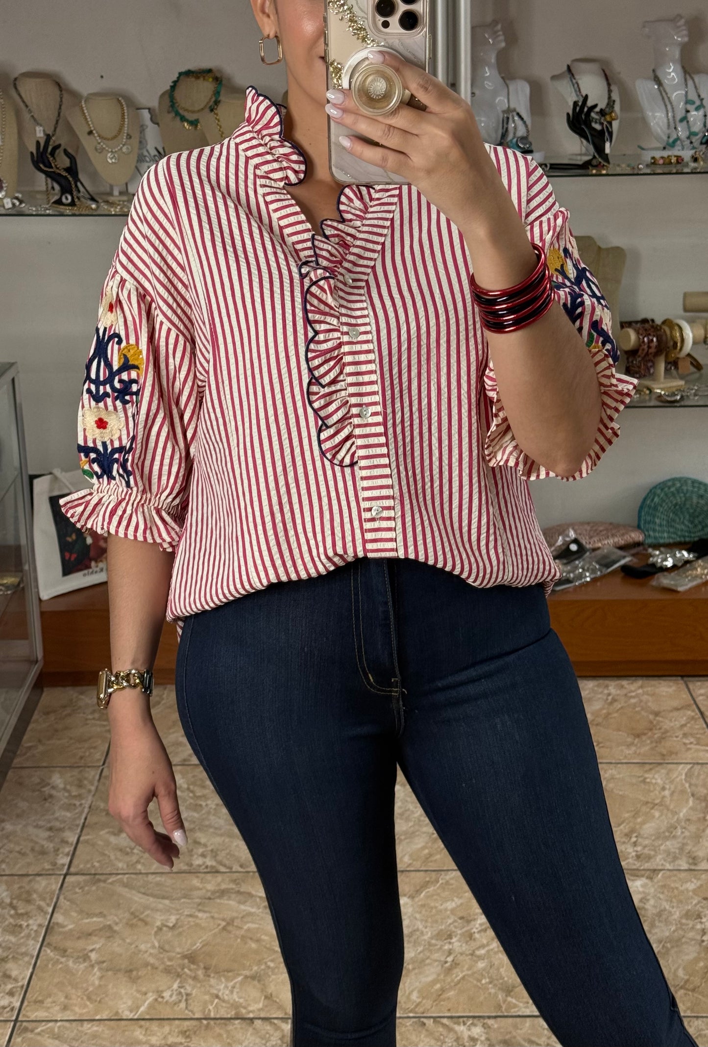 Raspberry Stripes Embroidered Sleeves Top