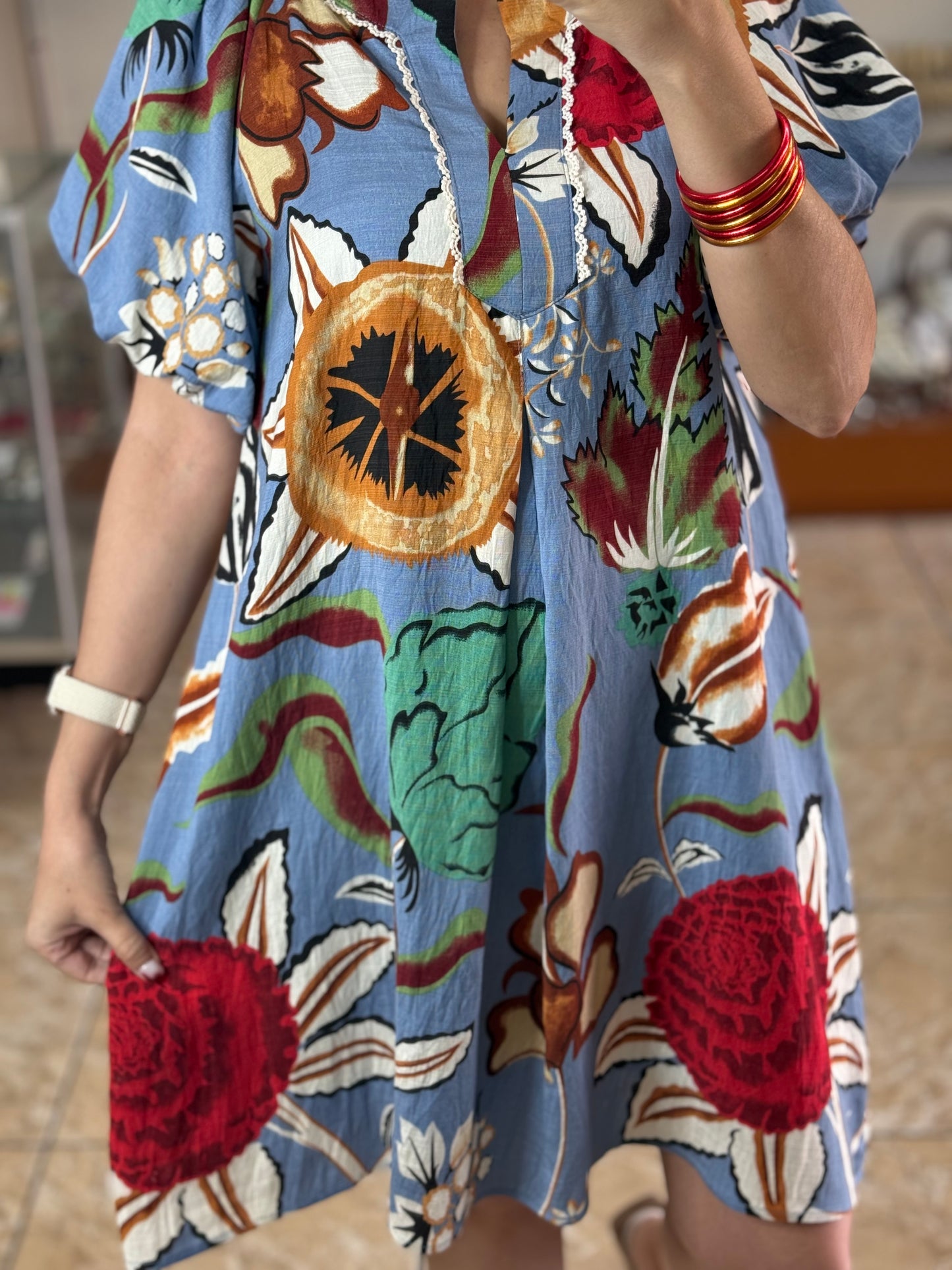 Blue Floral Puff Sleeves Dress