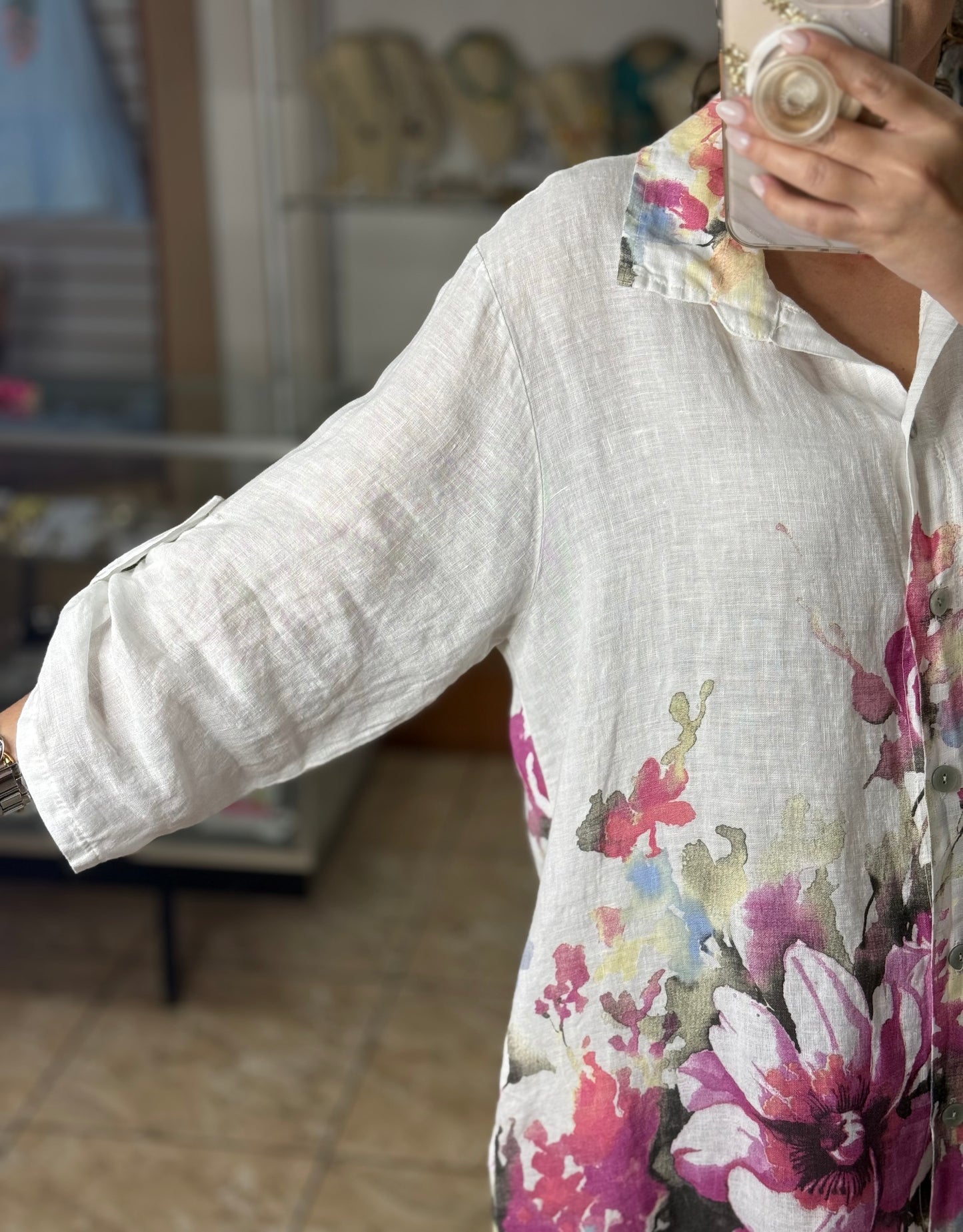Pink Flowers OS Linen Dress (NO RETURNS OR EXCHANGE)