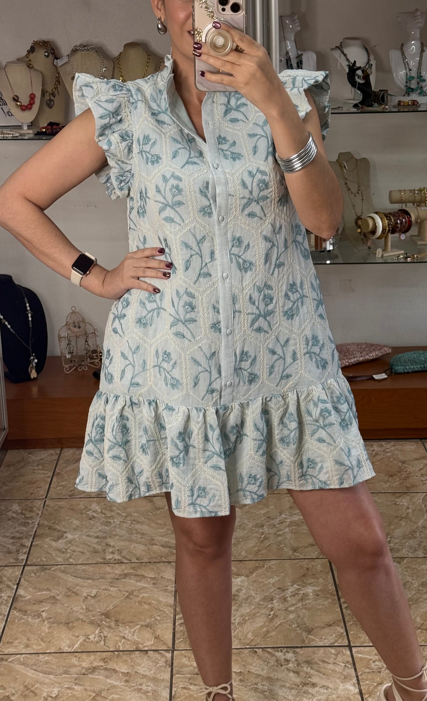 Mint Floral Embroidered Mini Dress