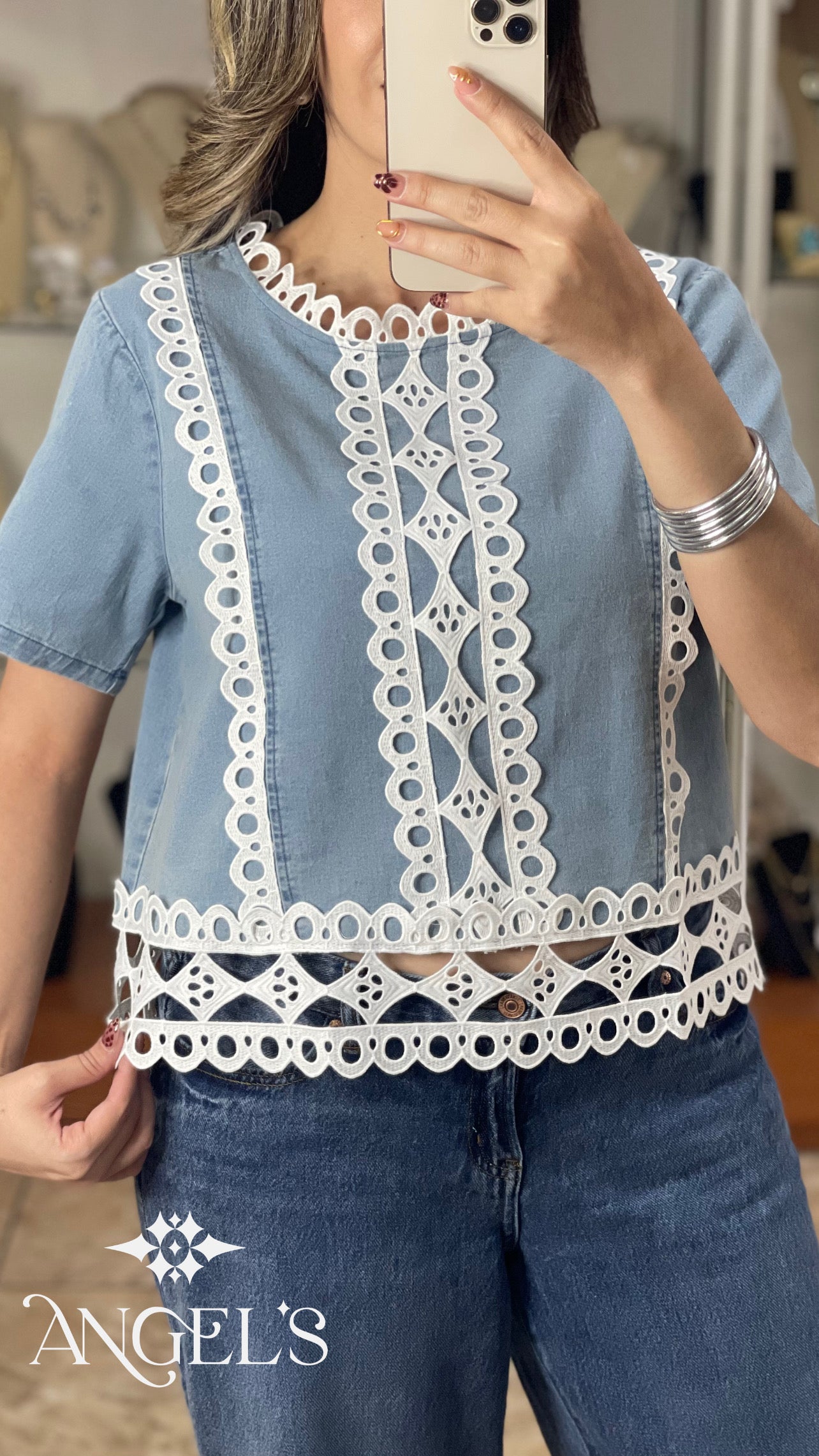 Light Denim and Lace Top