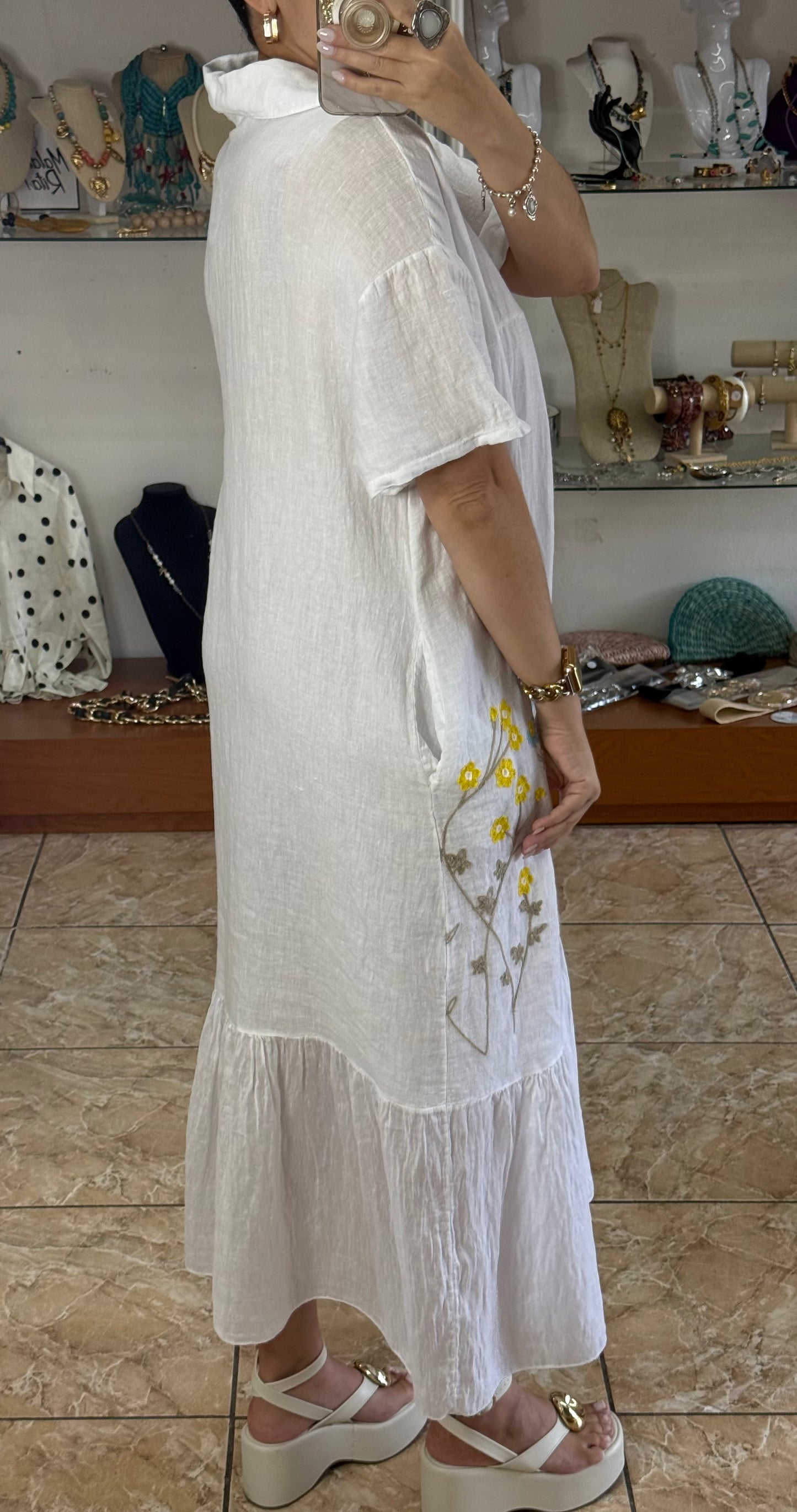 Floral Embroidered OS Linen Dress (NO RETURNS OR EXCHANGE)
