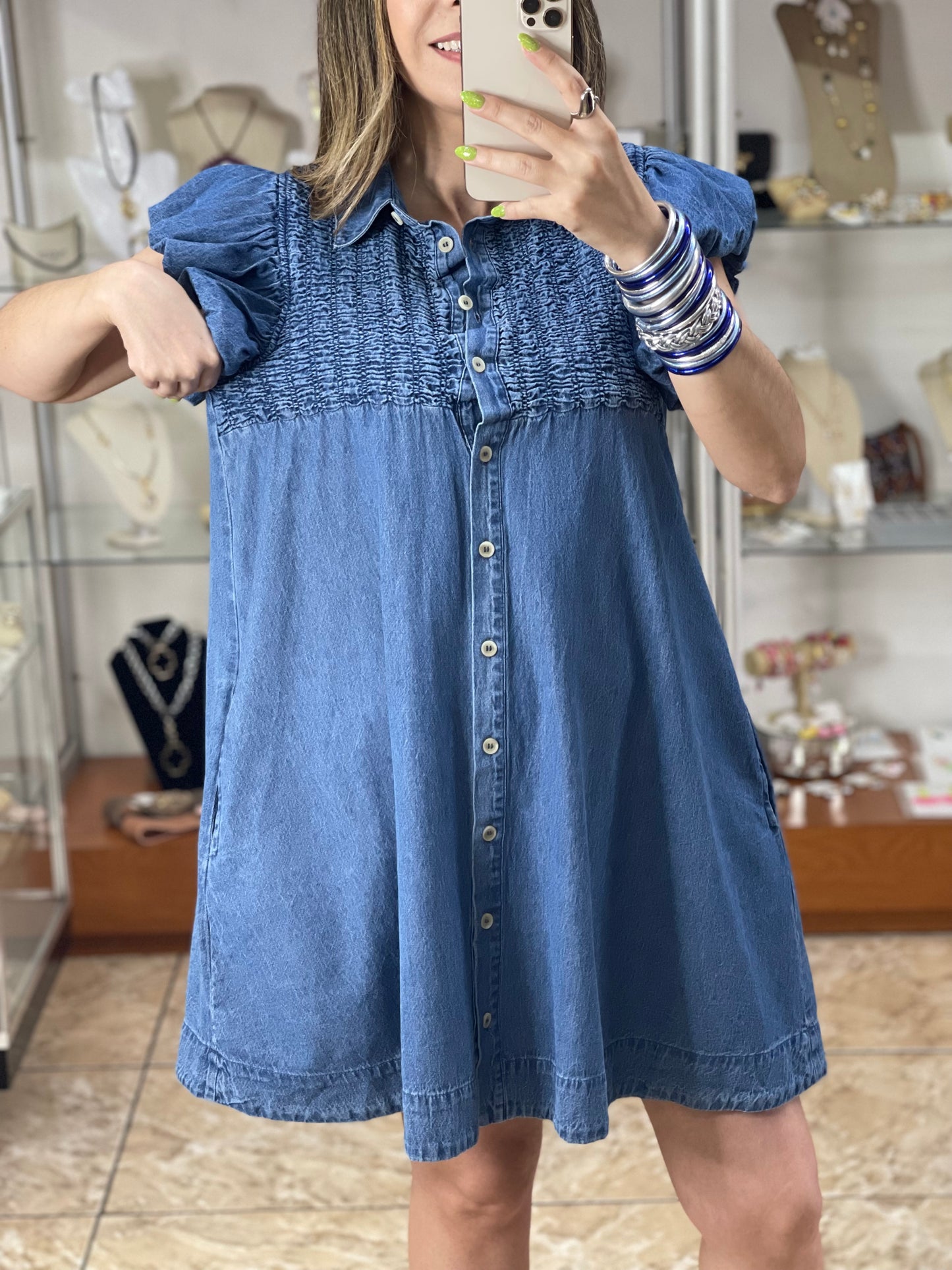 Button Down Ruffle Sleeve Denim Dress