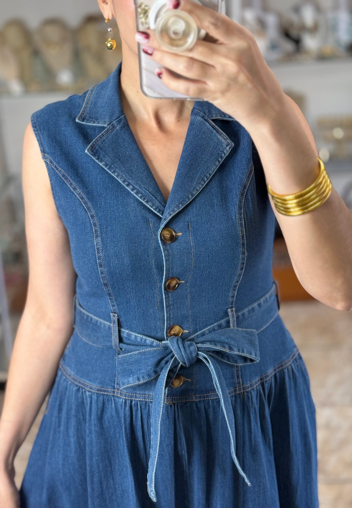 Sleeveless Belted Denim Dress