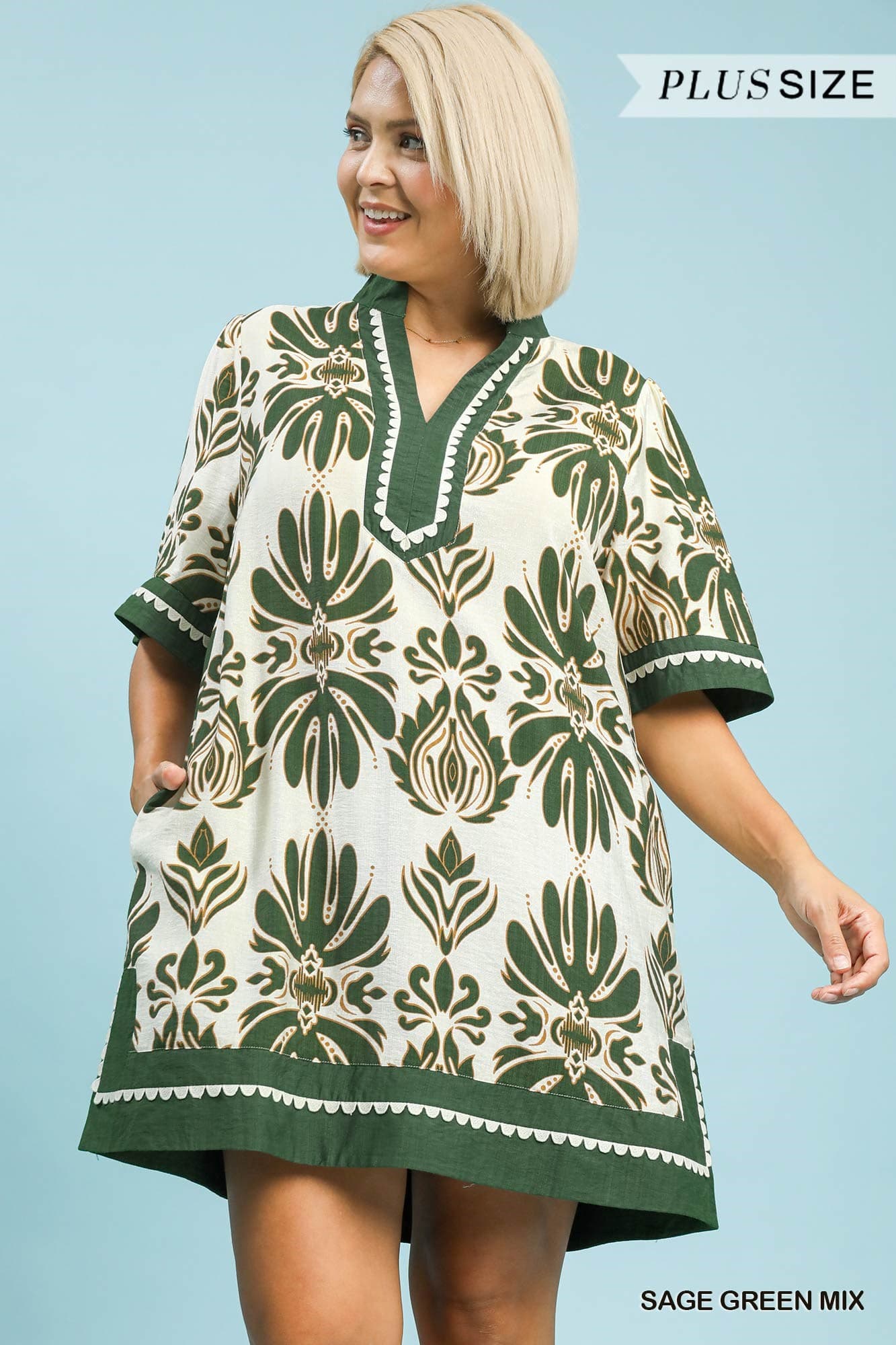 Sage Green Border Print Dress (PLUS)