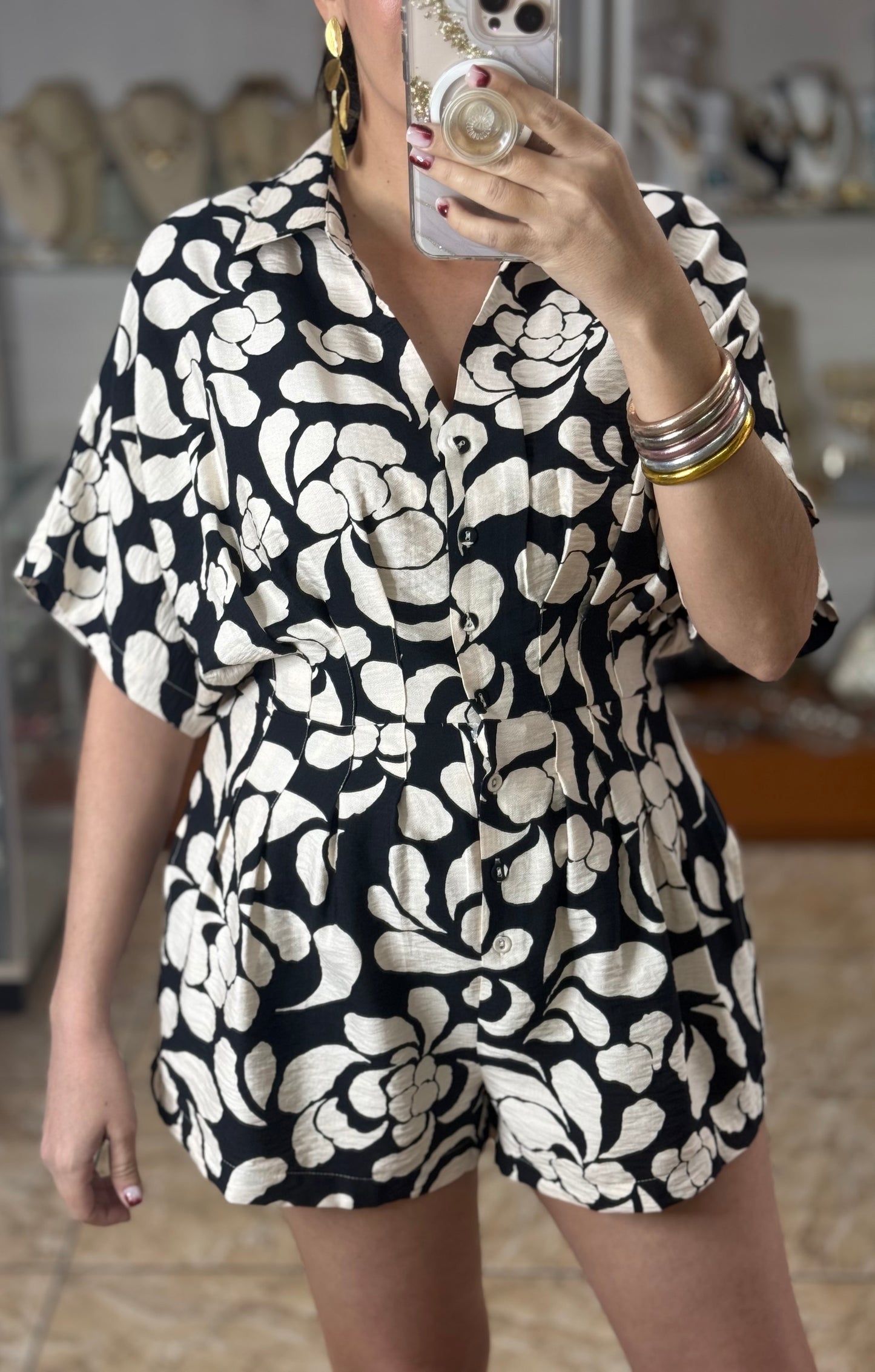 Black/Cream Floral Romper