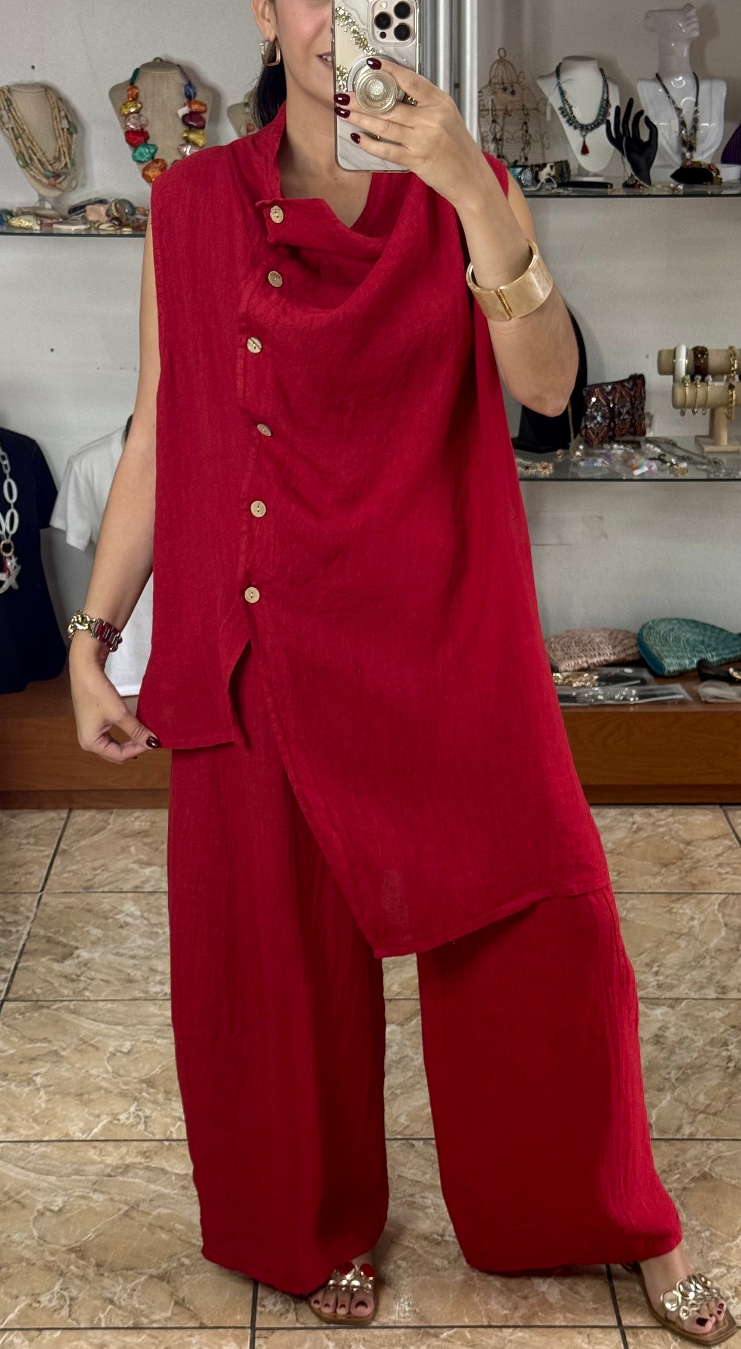 OS Linen Asymmetrical Top & Barrel Pant Set (NO RETURNS OR EXCHANGE)