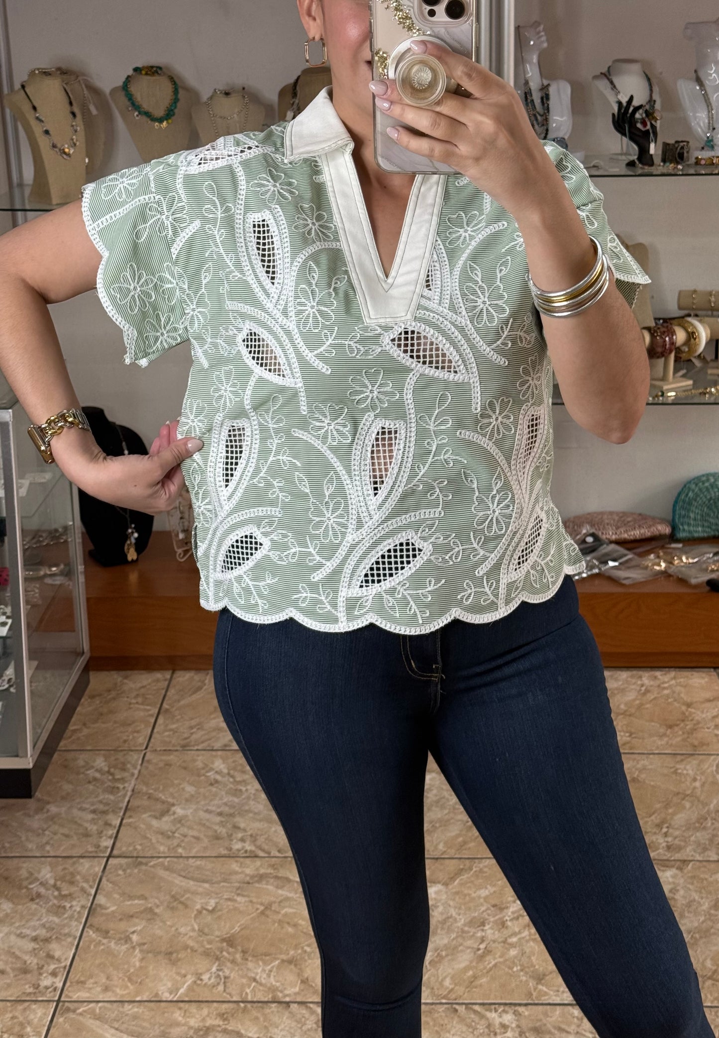 Green Stripes Floral Embroidered Top