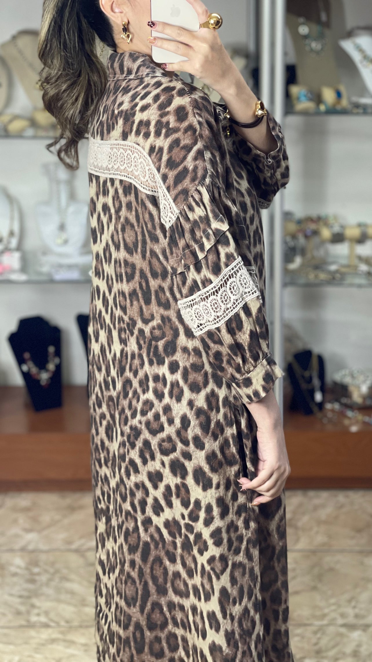 Leopard with Lace Details OS Linen Maxi Dress