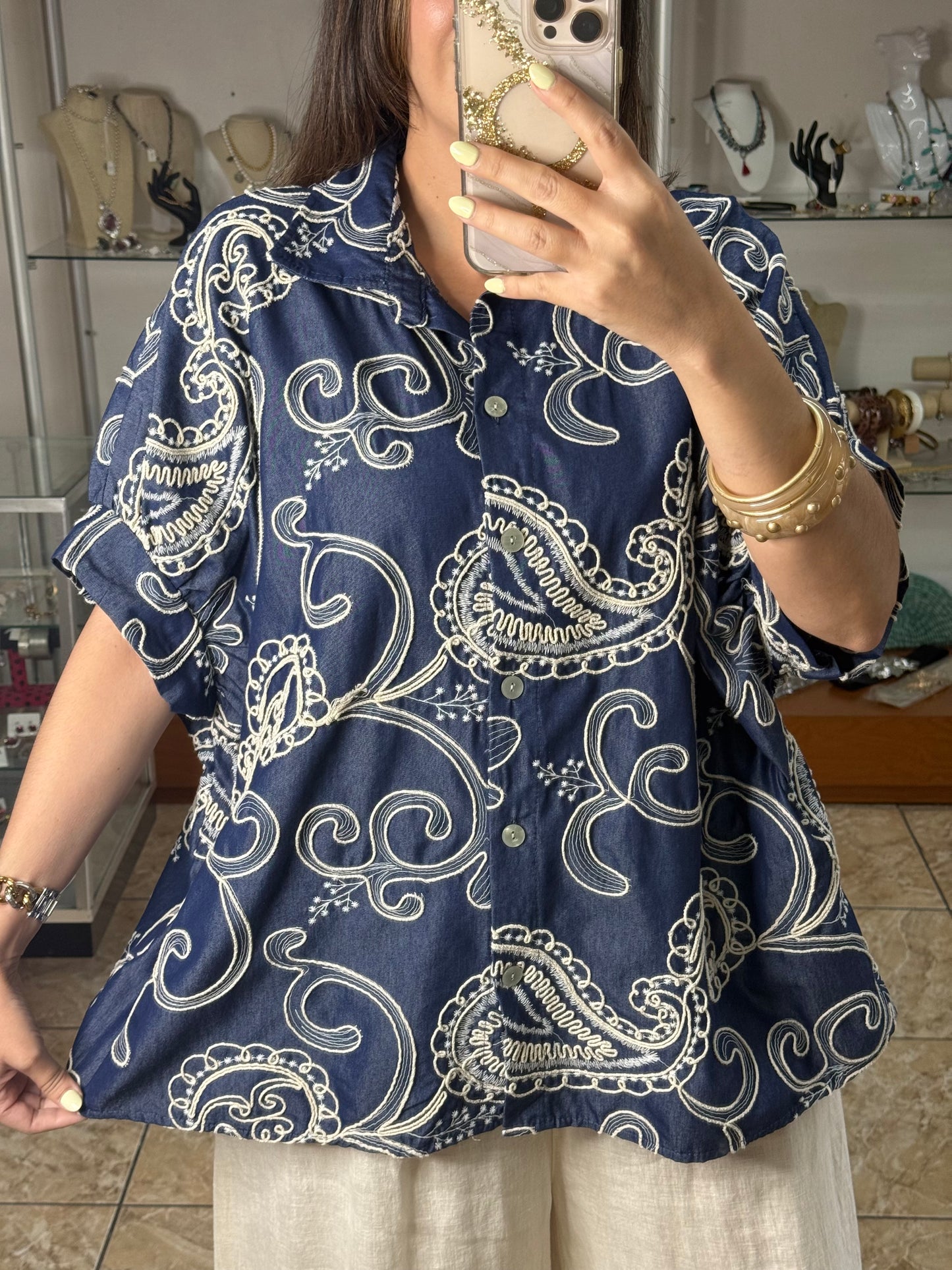OS Blue Denim Embroidered Tunic Top (NO RETURNS OR EXCHANGE)