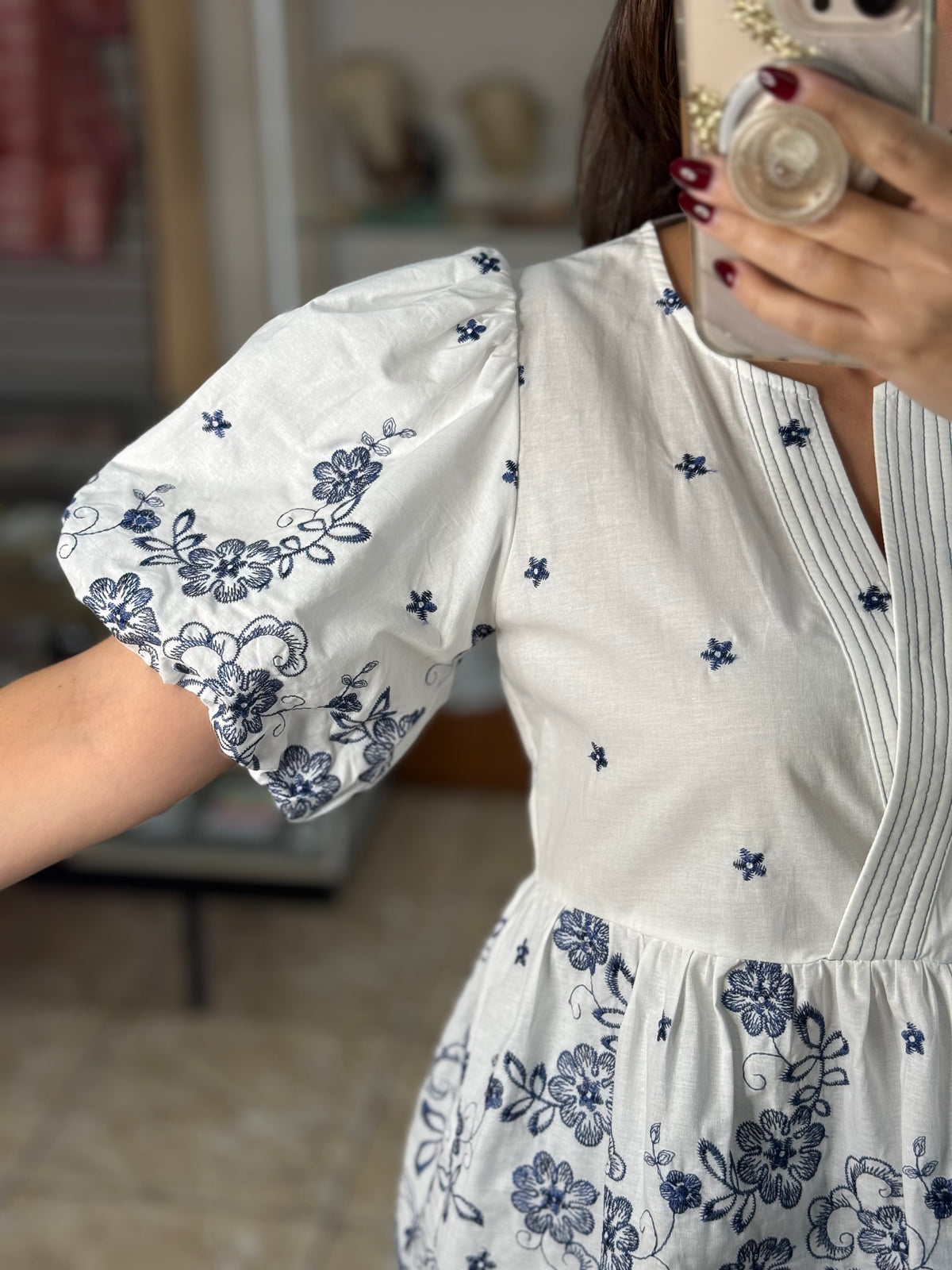 Puff Sleeve Peplum Embroidered Top