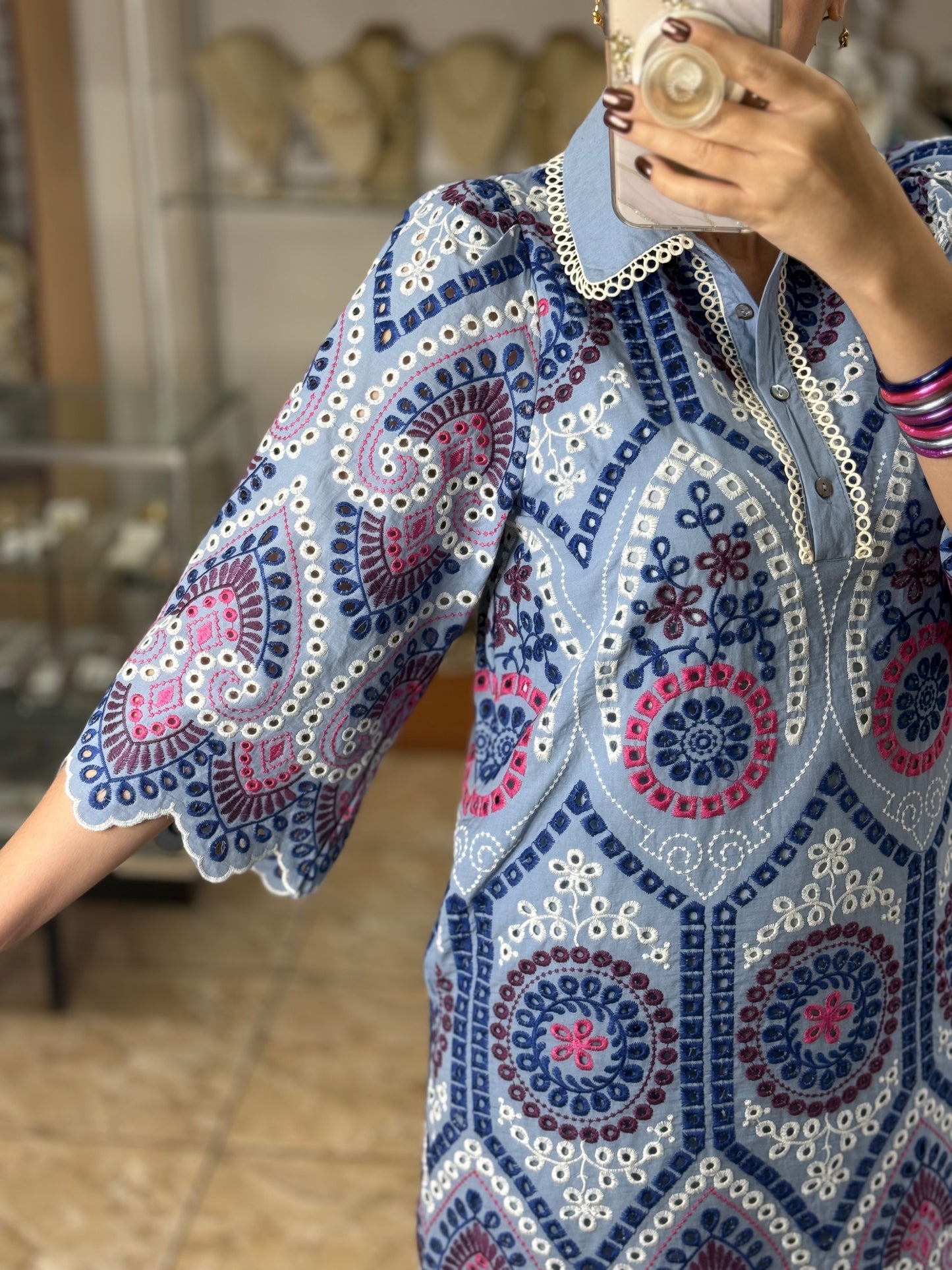 Blue Mix Embroidered Mini Dress