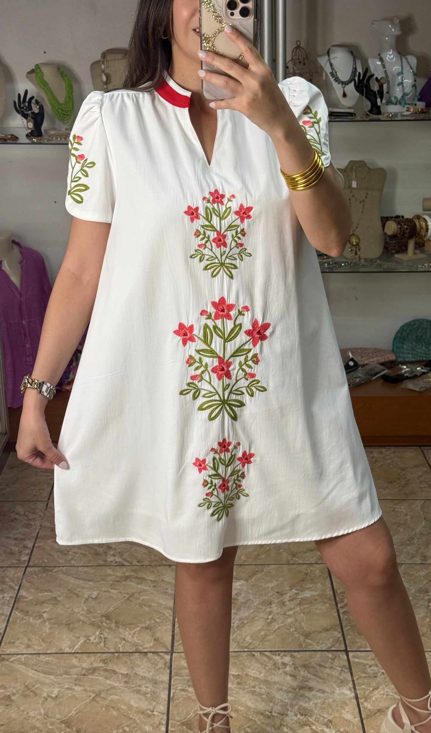 White Floral Embroidered Dress