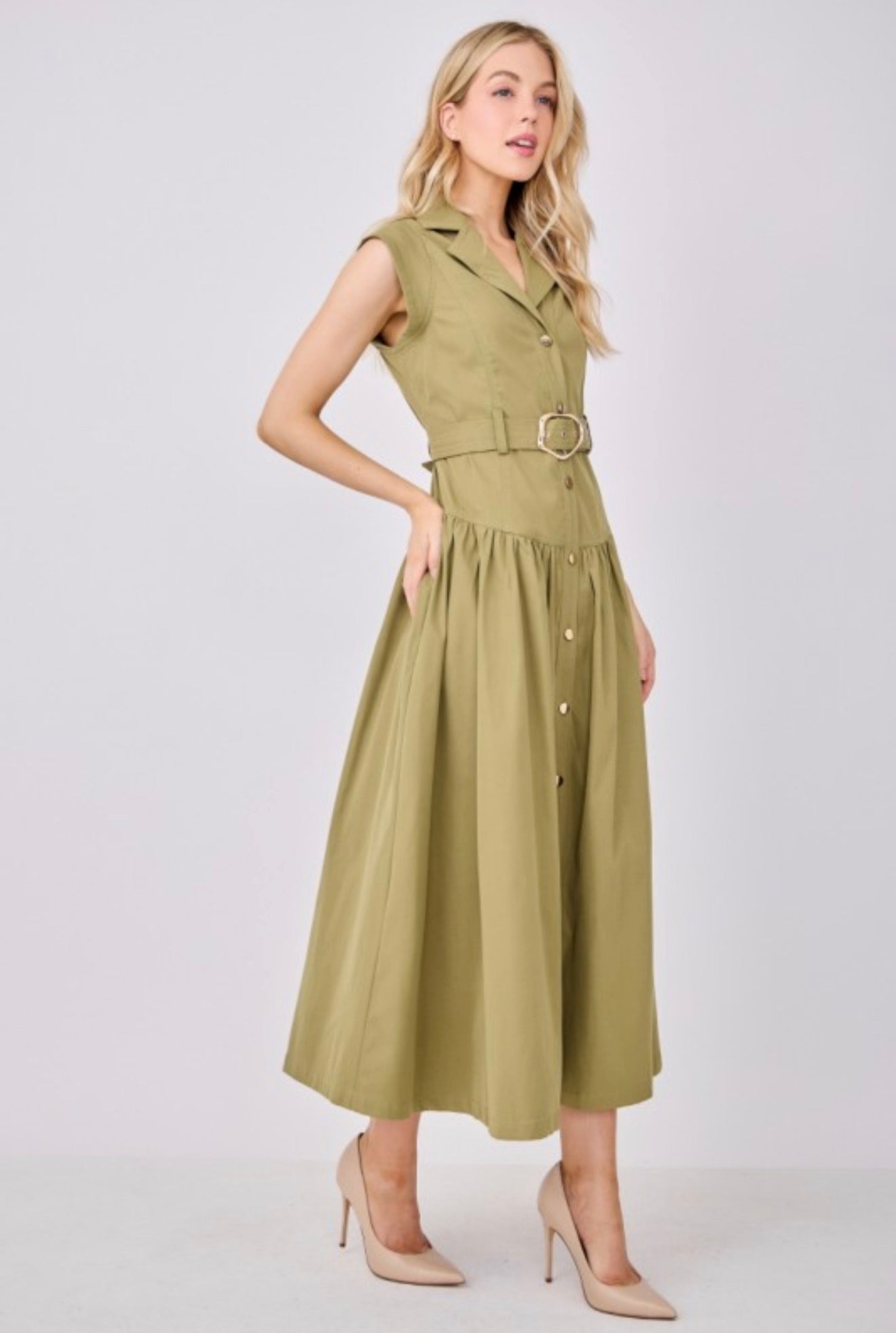 Olive Cap Sleeve Button Down Dress