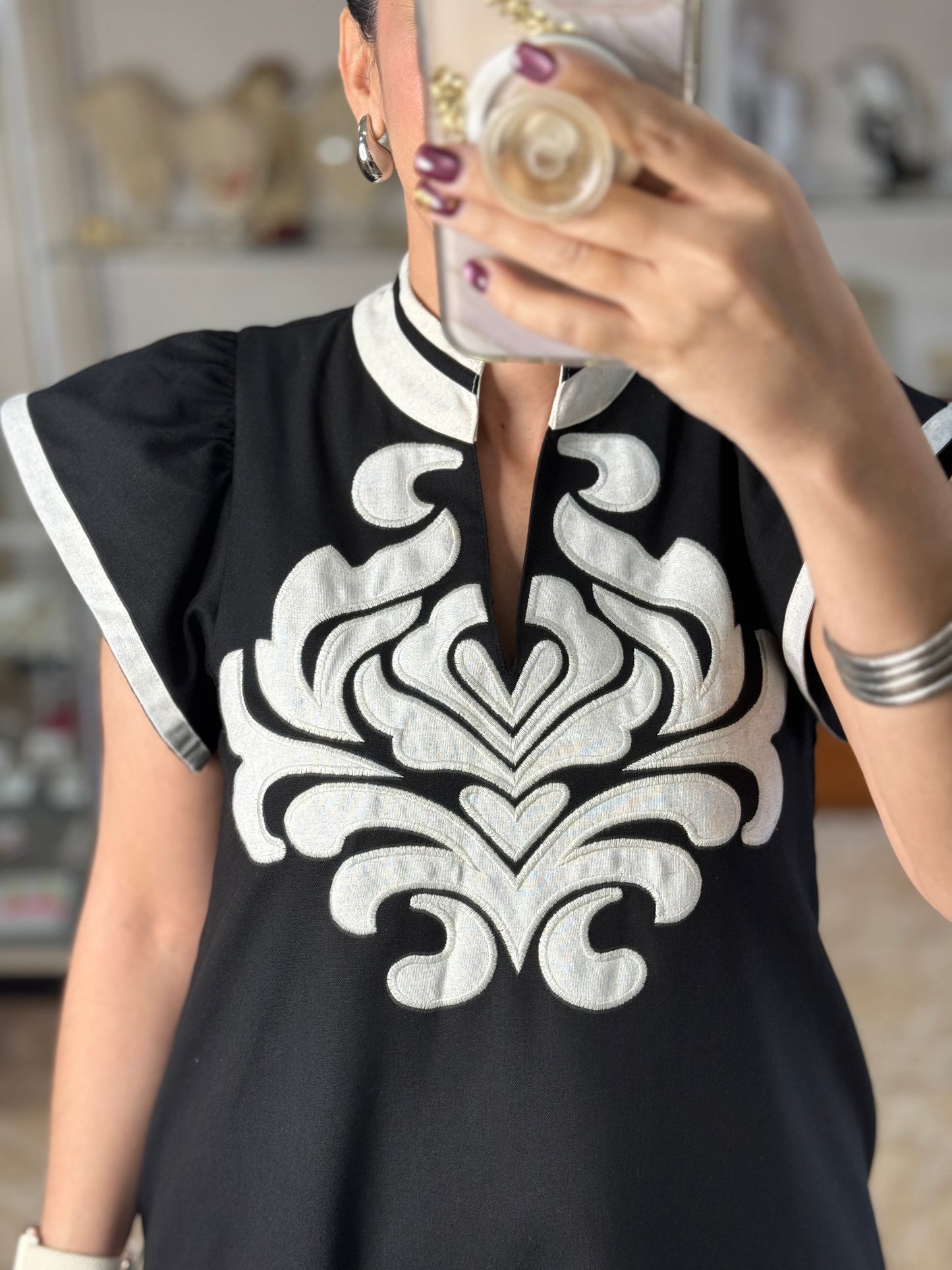 Black Embroidered V-Neck Dress