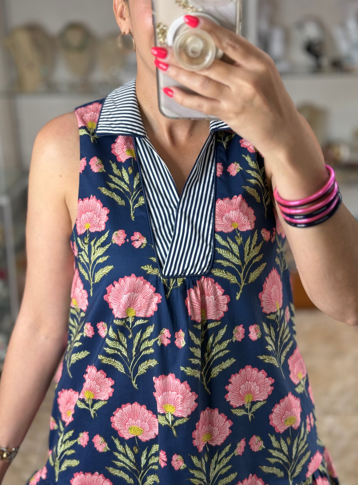 Navy Floral/Stripes Sleeveless Mini Dress