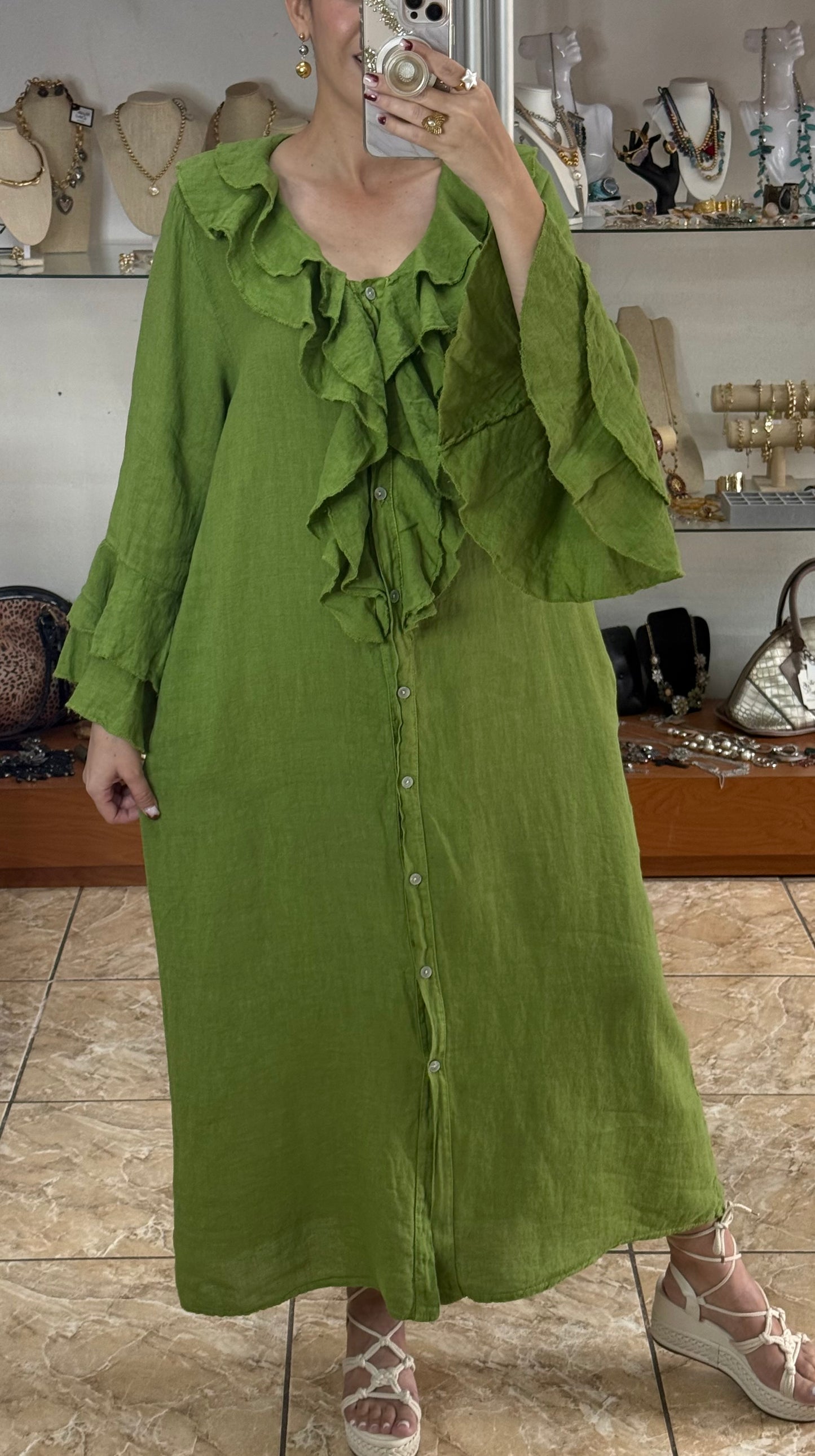 Ruffle Details OS Linen Maxi Dress (FINAL SALE)