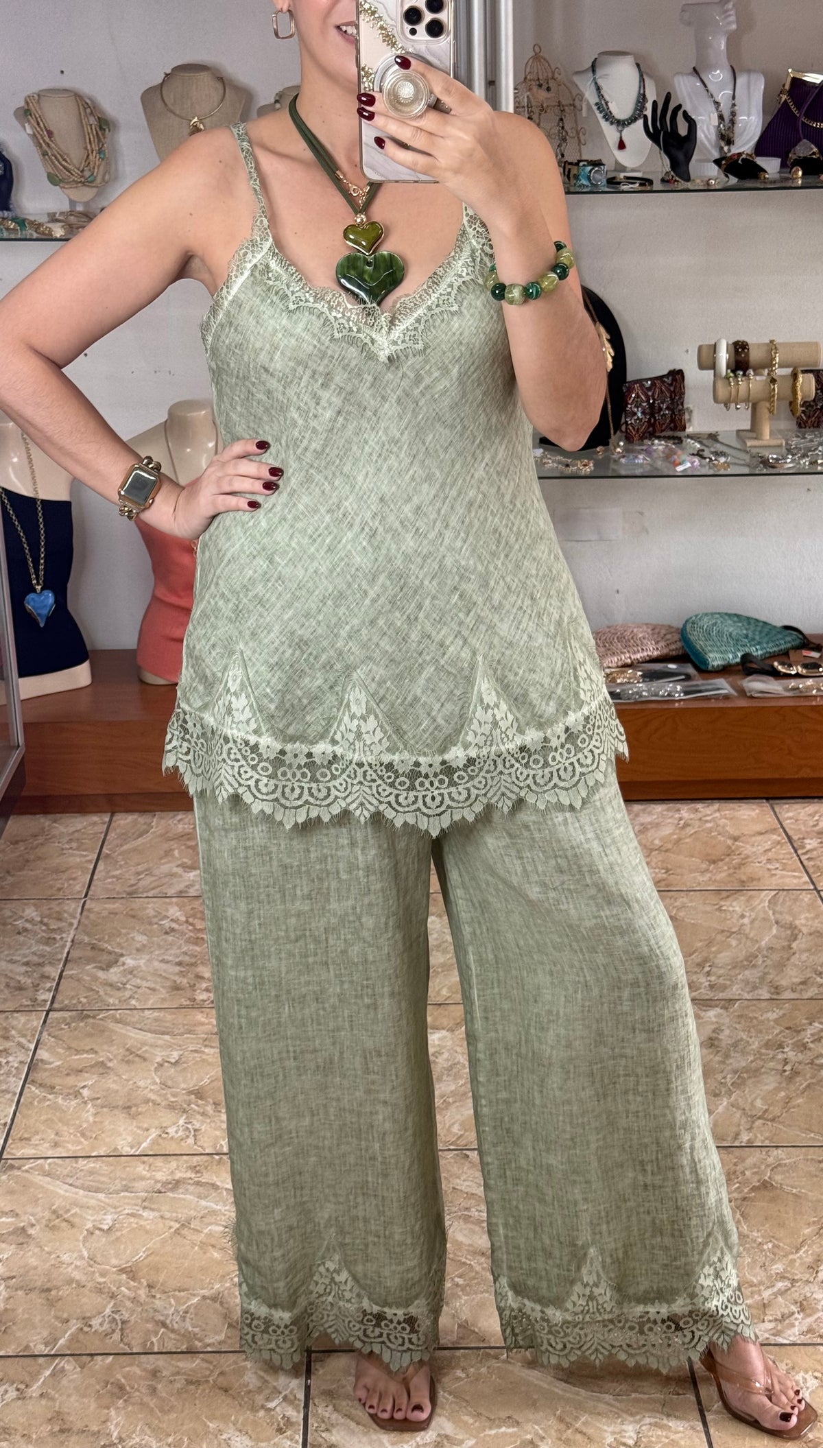 Linen/Lace Top & Pant OS Set (NO RETURNS OR EXCHANGE)