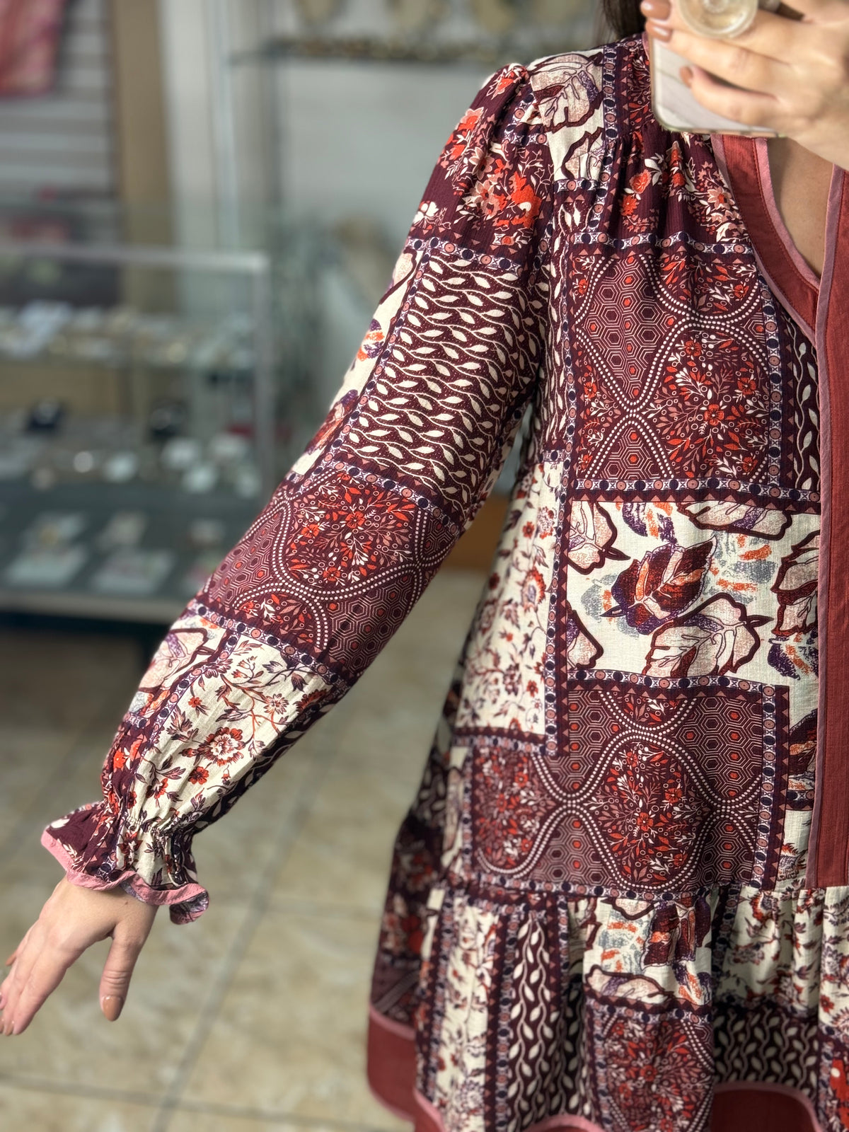 Patchwork Print Tiered Mini Dress