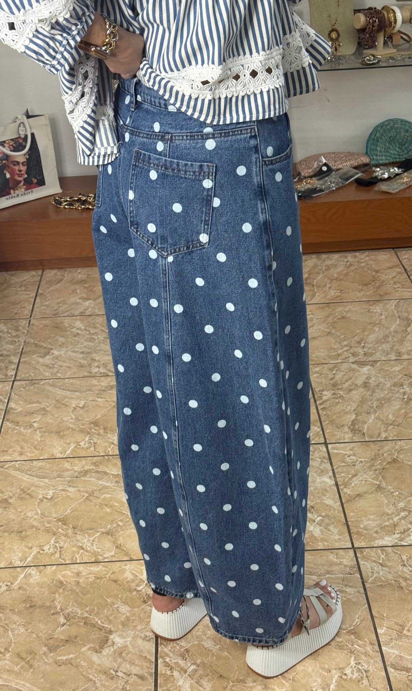 Barrel Style Polkadot Denim Pant