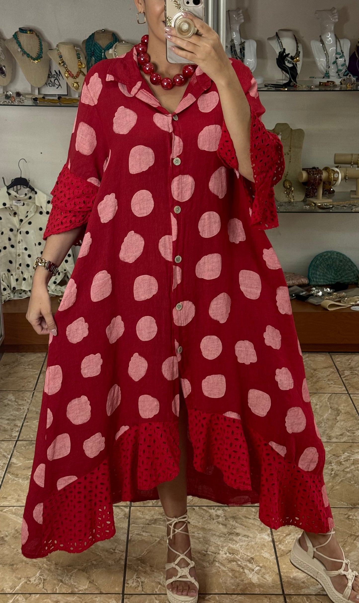 Polkadots/Eyelet OS Linen Maxi Dress (NO RETURNS OR EXCHANGE)