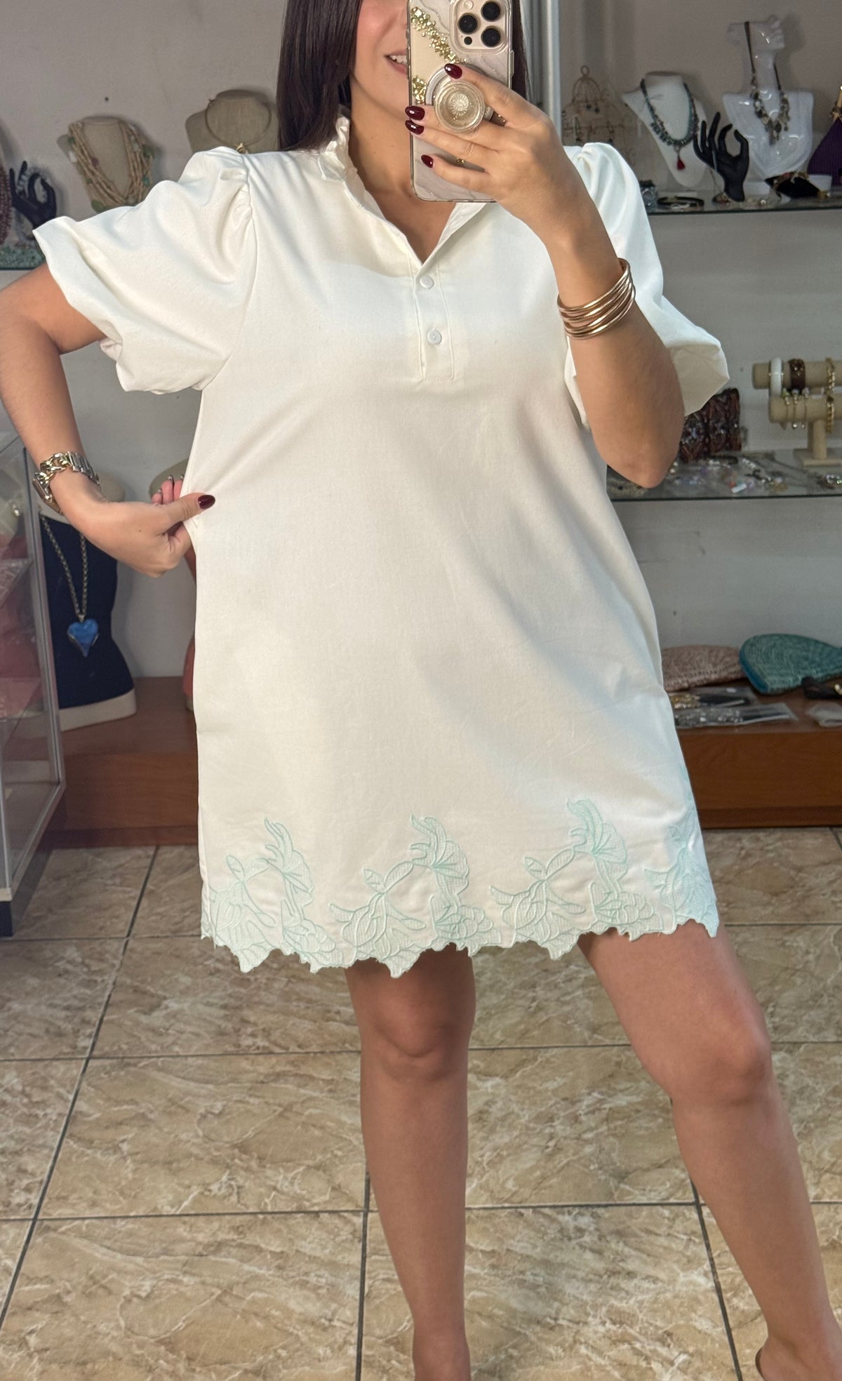 Bubble Sleeve Ruffled Neck Mini Dress