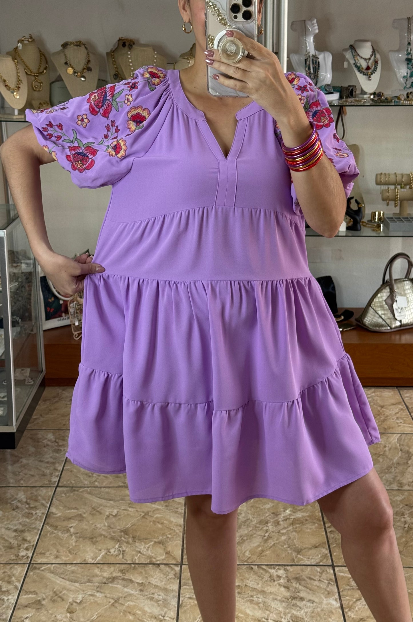 Lilac Embroidered Sleeves Doll Dress