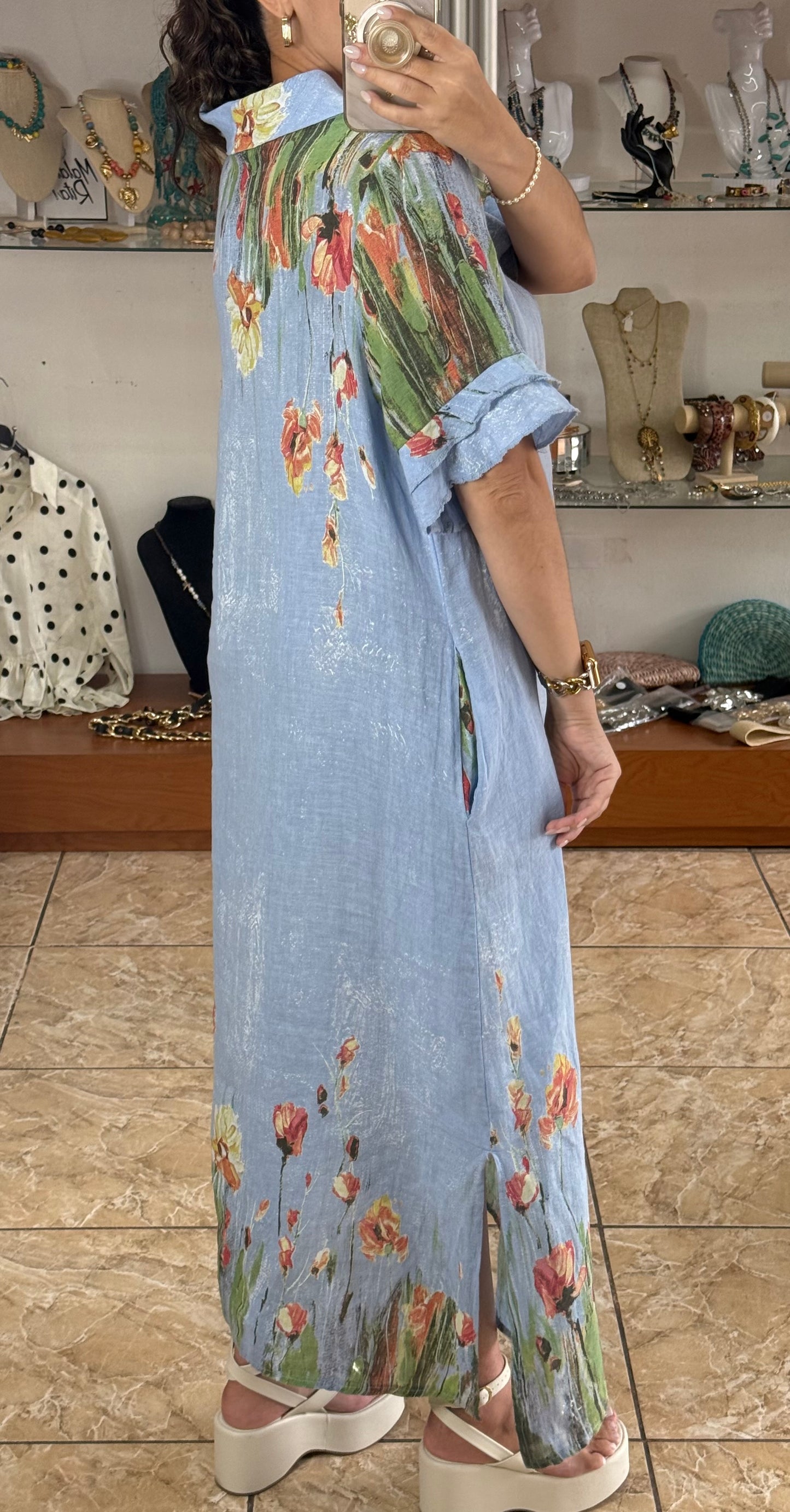 Orange Flowers OS Linen Maxi Dress (NO RETURNS OR EXCHANGE)