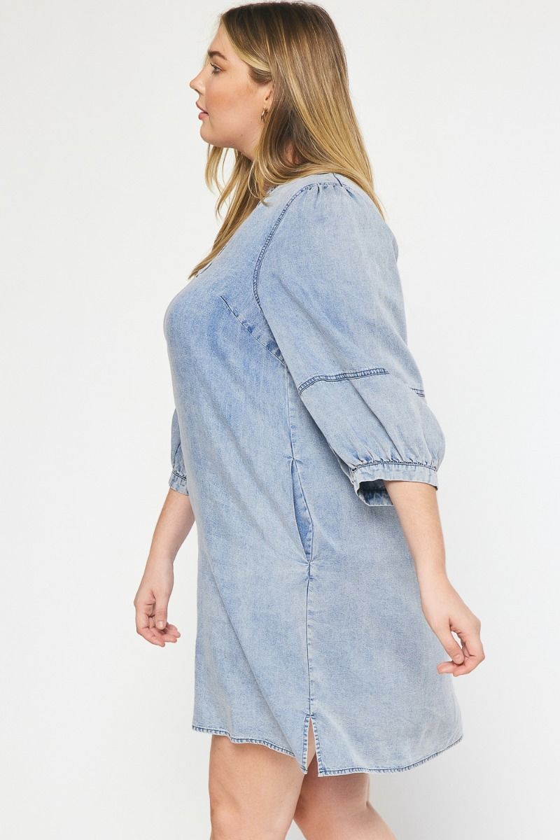 Washed Denim 3/4 Sleeve Dress