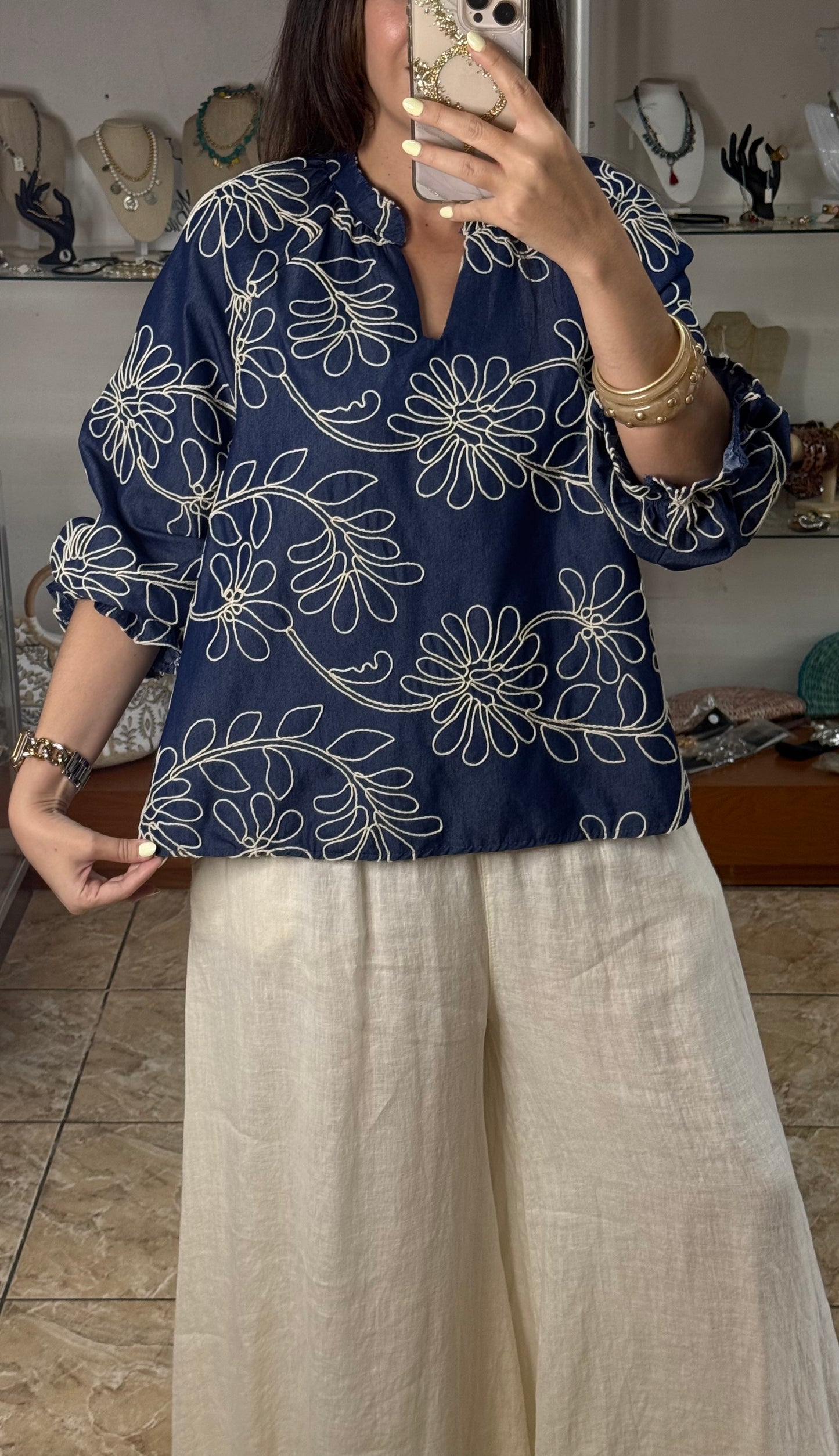 Long Sleeves OS Blue Denim Embroidered Top (NO RETURNS OR EXCHANGE)