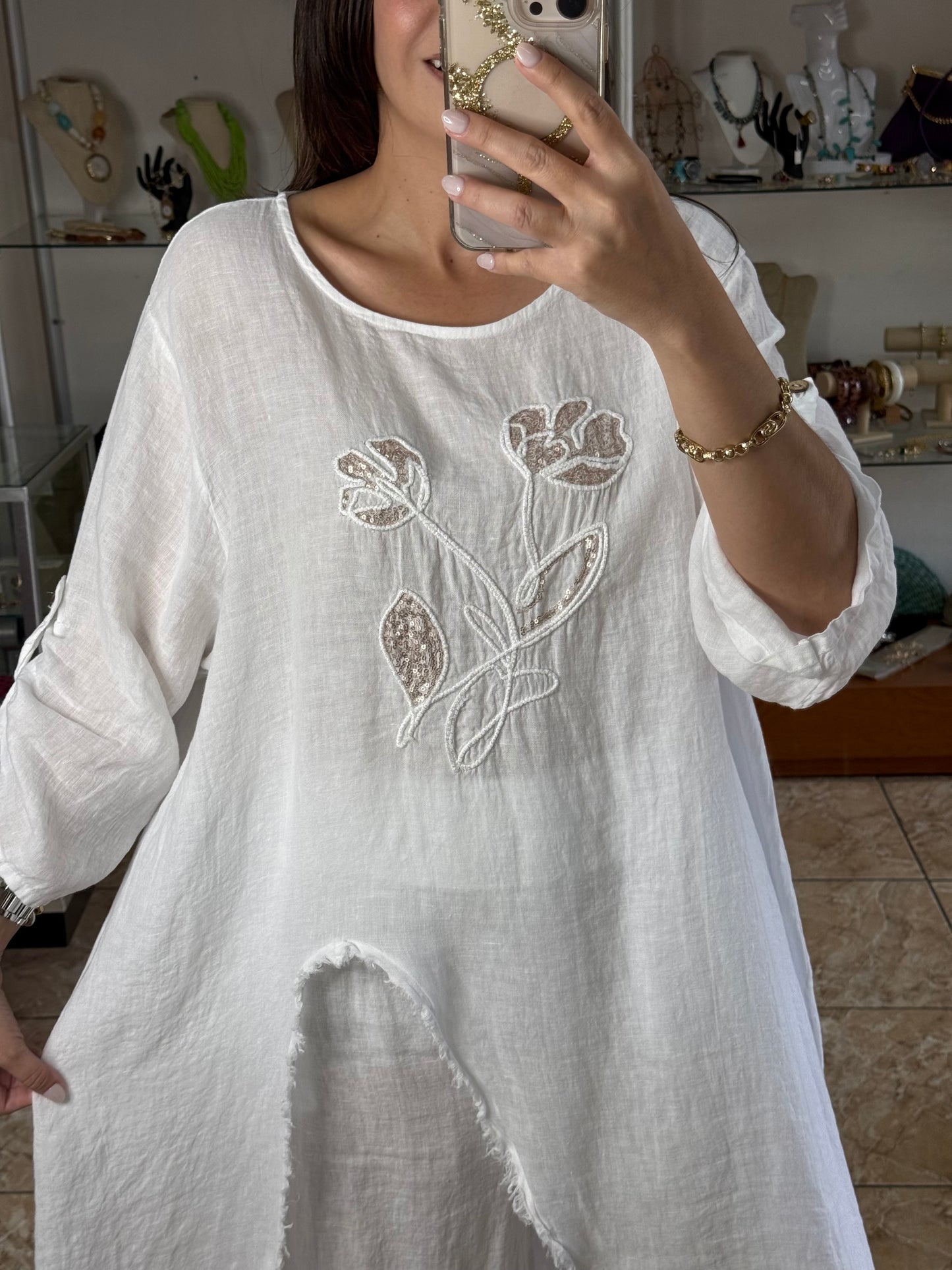OS Asymmetrical Linen/Sequins Top (NO RETURNS OR EXCHANGE) (PANT SOLD SEPARATELY)