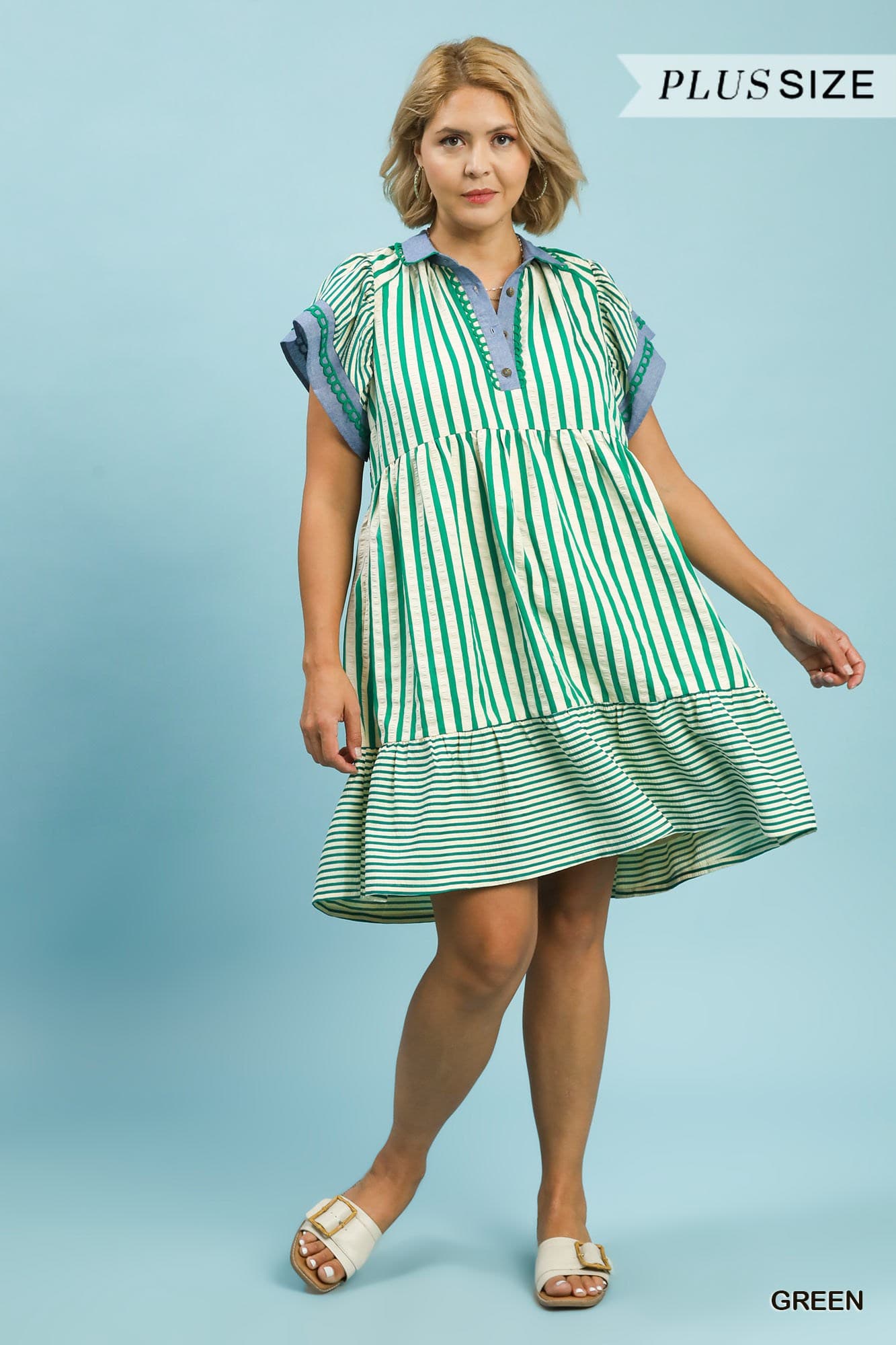 Green Stripes Flutter Sleeve Mini Dress (PLUS)