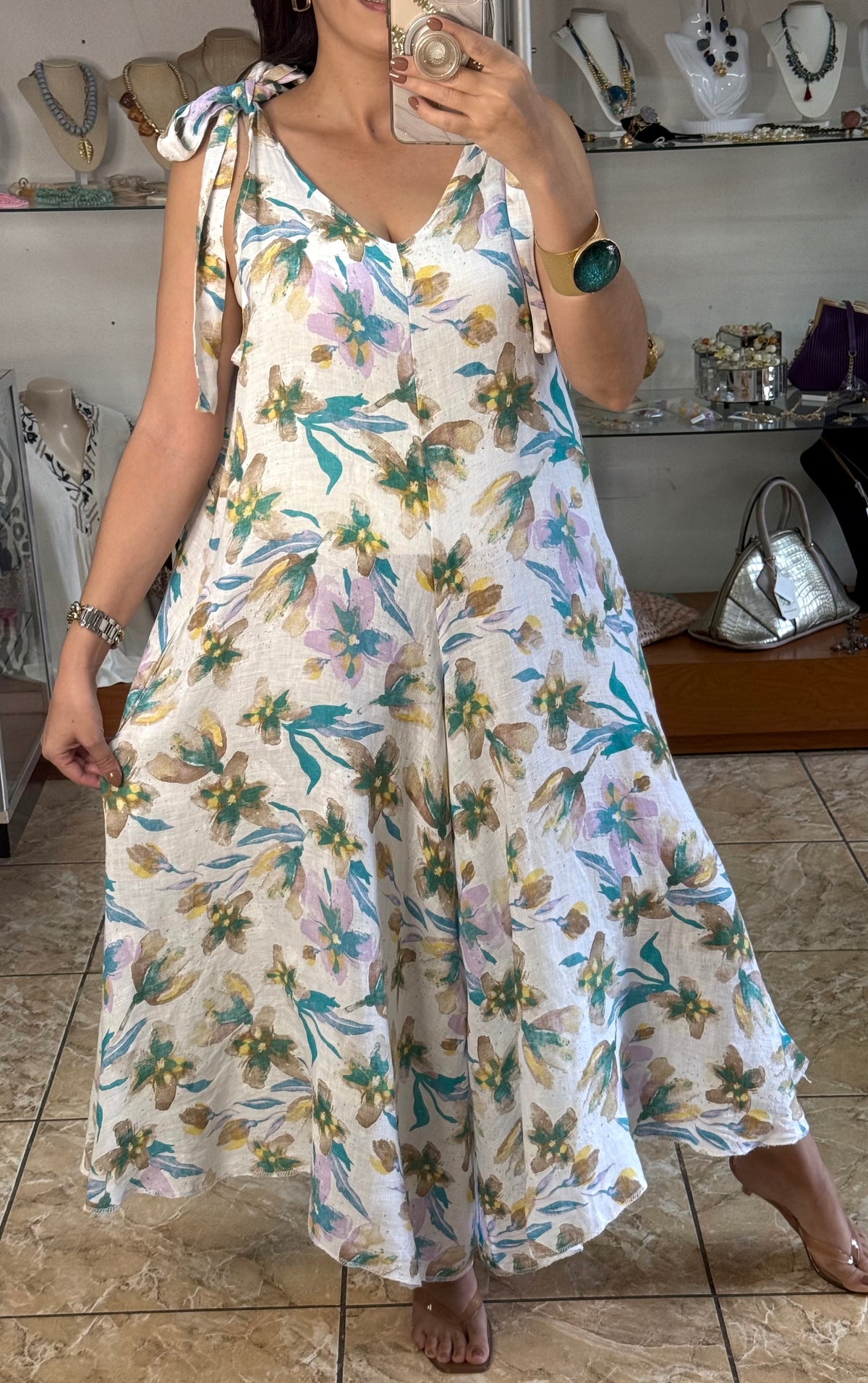 OS Pastel Floral Linen Jumpsuit (NO RETURNS OR EXCHANGE)