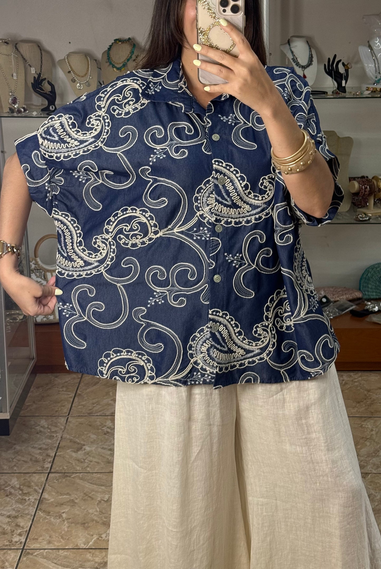 OS Blue Denim Embroidered Tunic Top (NO RETURNS OR EXCHANGE)
