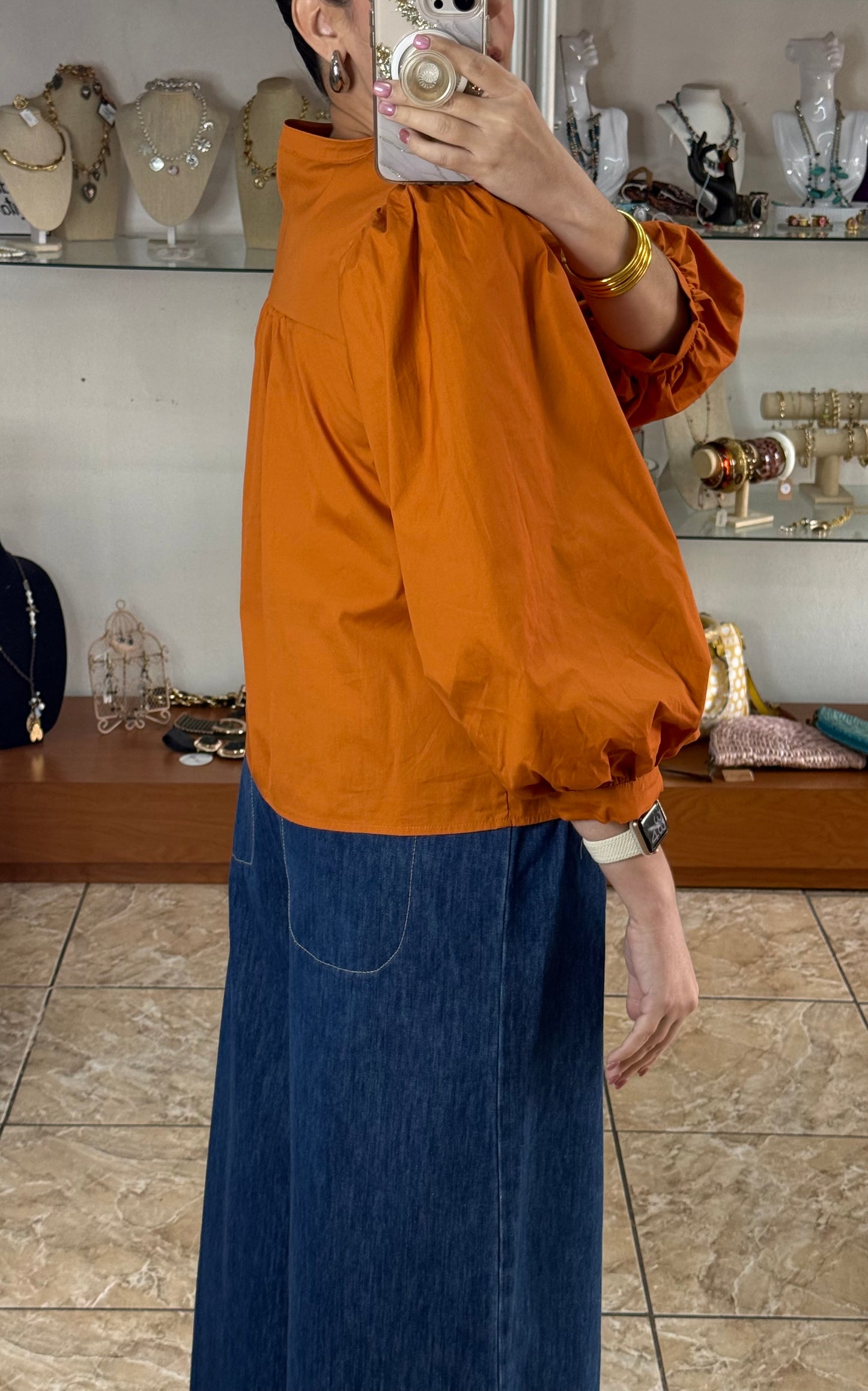 Long Sleeves Caramel Embroidered Peplum Top