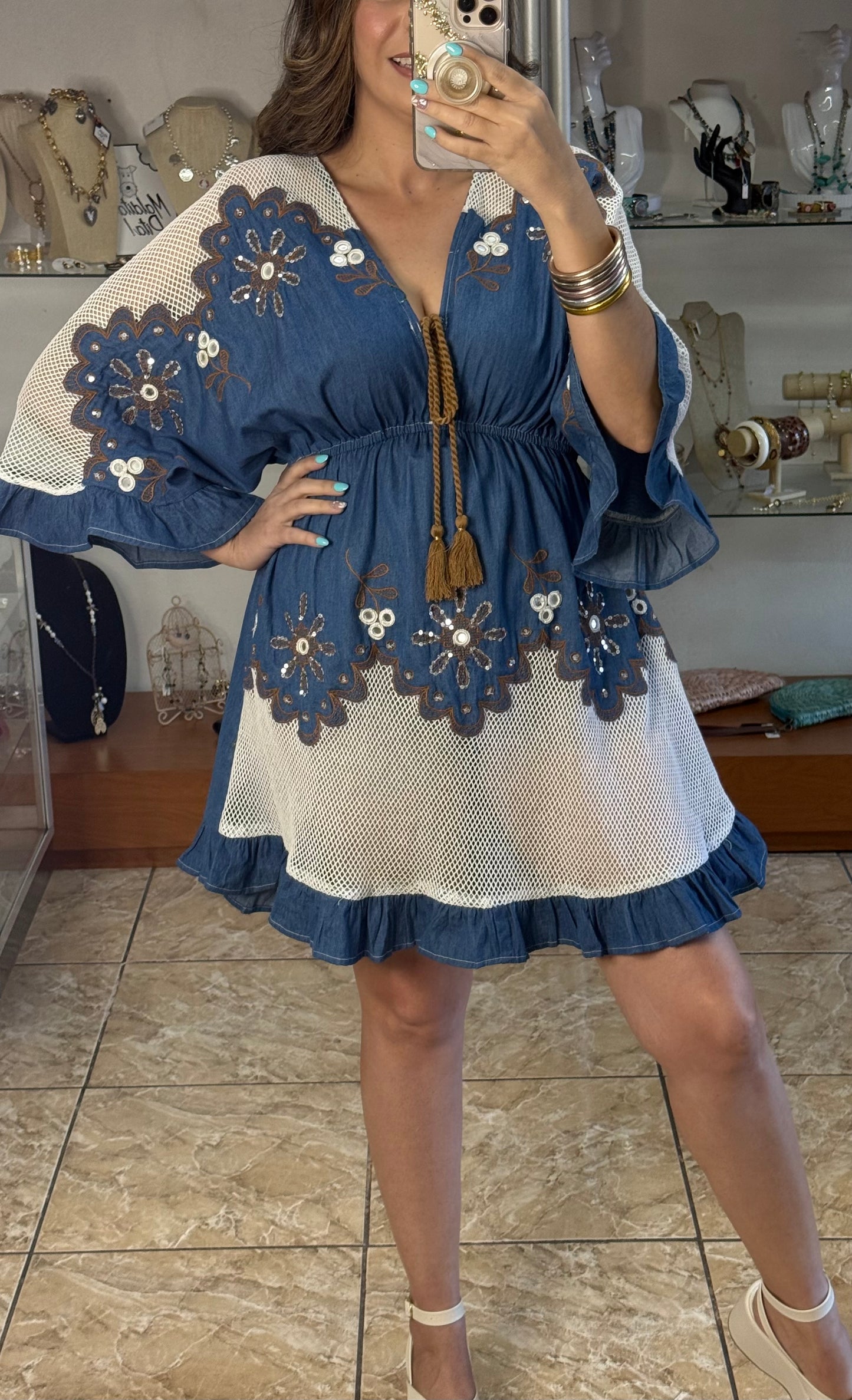 OS Floral Embroidered Boho Mini Dress (NO RETURNS OR EXCHANGE)