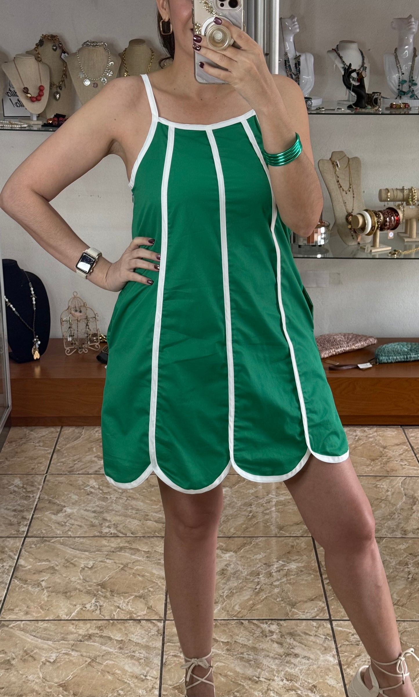 Green Scalloped Hem Mini Dress