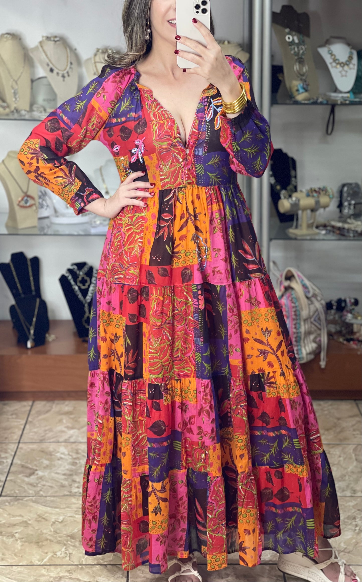 Red/Orange/Pink Patches Maxi Dress