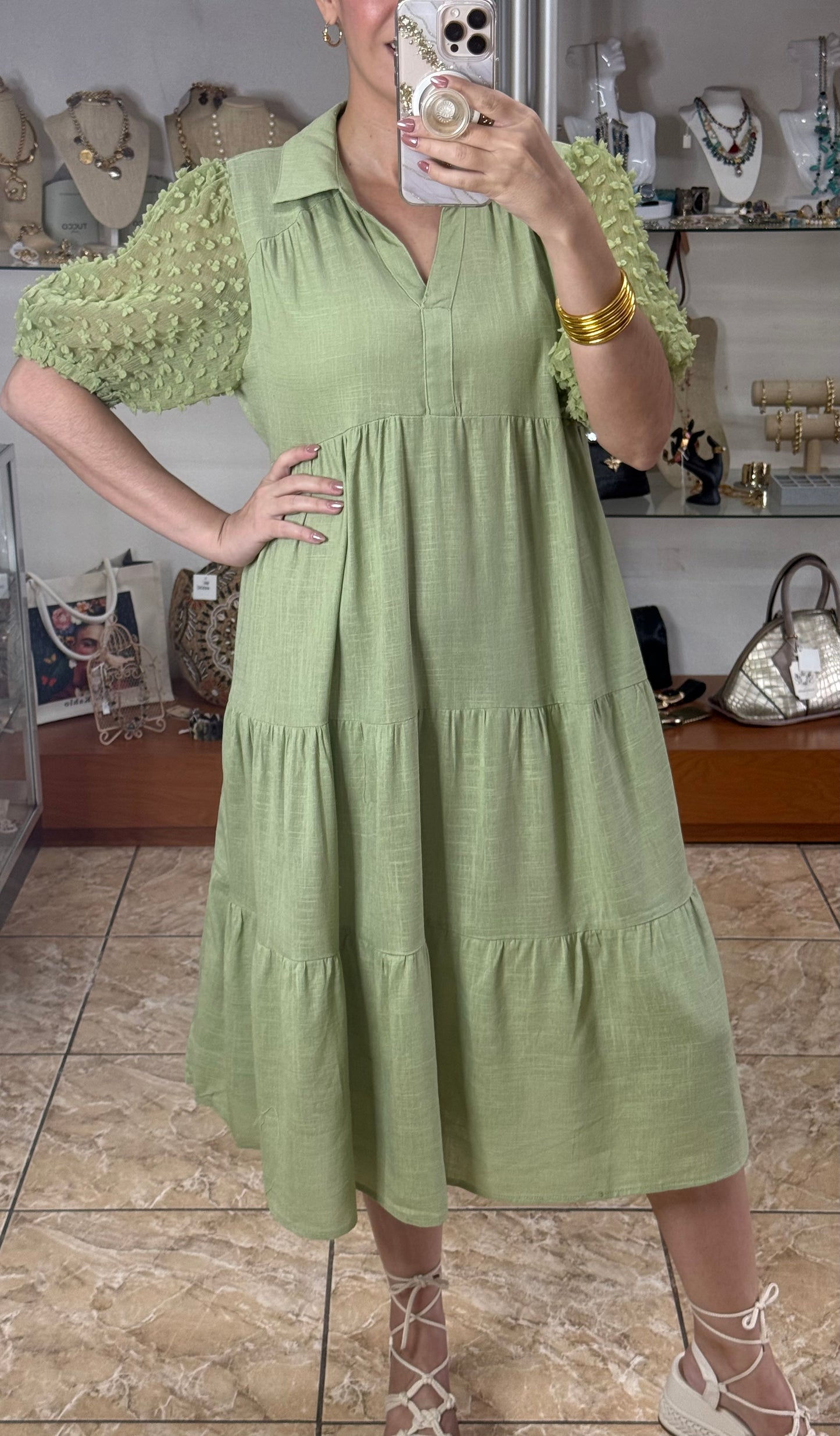 Green Linen Blend Midi Dress