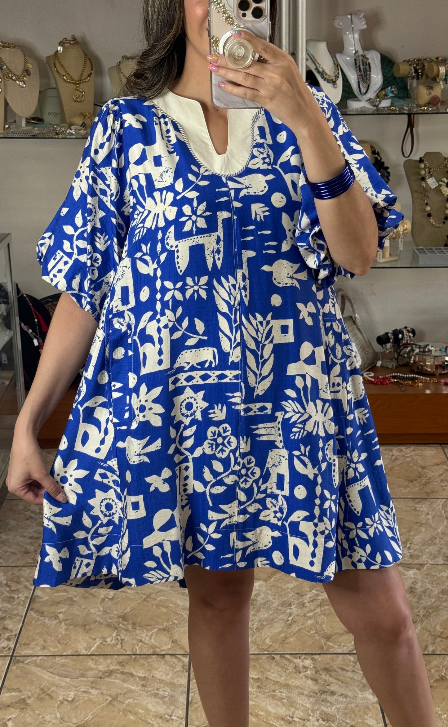 Blue Abstract Print Dress