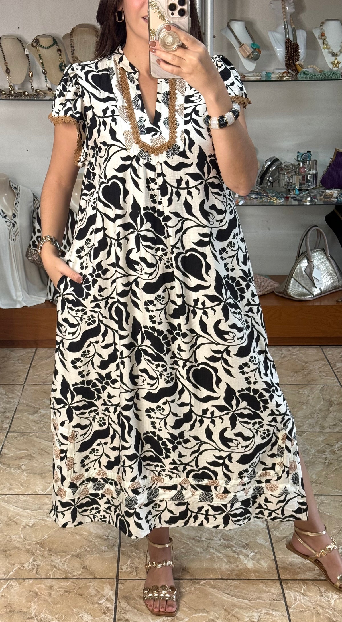 Flutter Sleeve Border Print Midi Dress