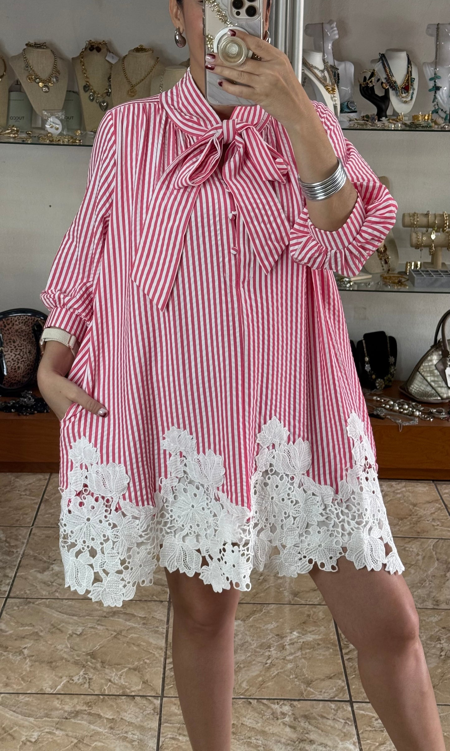 Pink Stripes Lace Trim Doll Dress