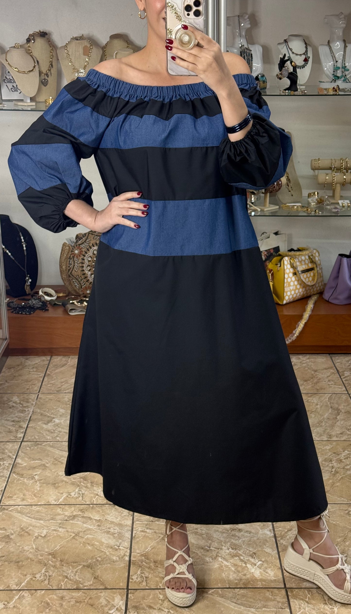 Off Shoulder Black/Denim Maxi Dress