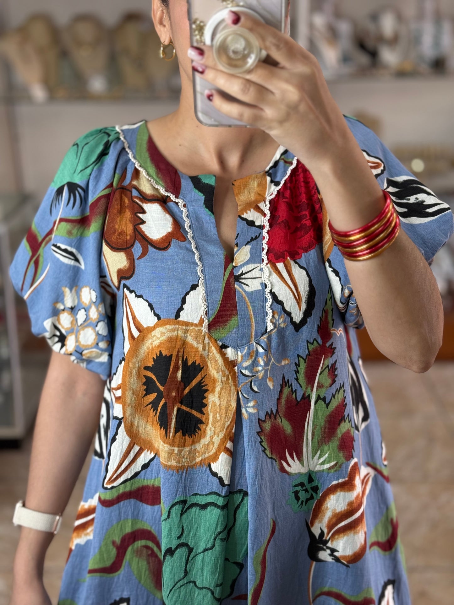 Blue Floral Puff Sleeves Dress