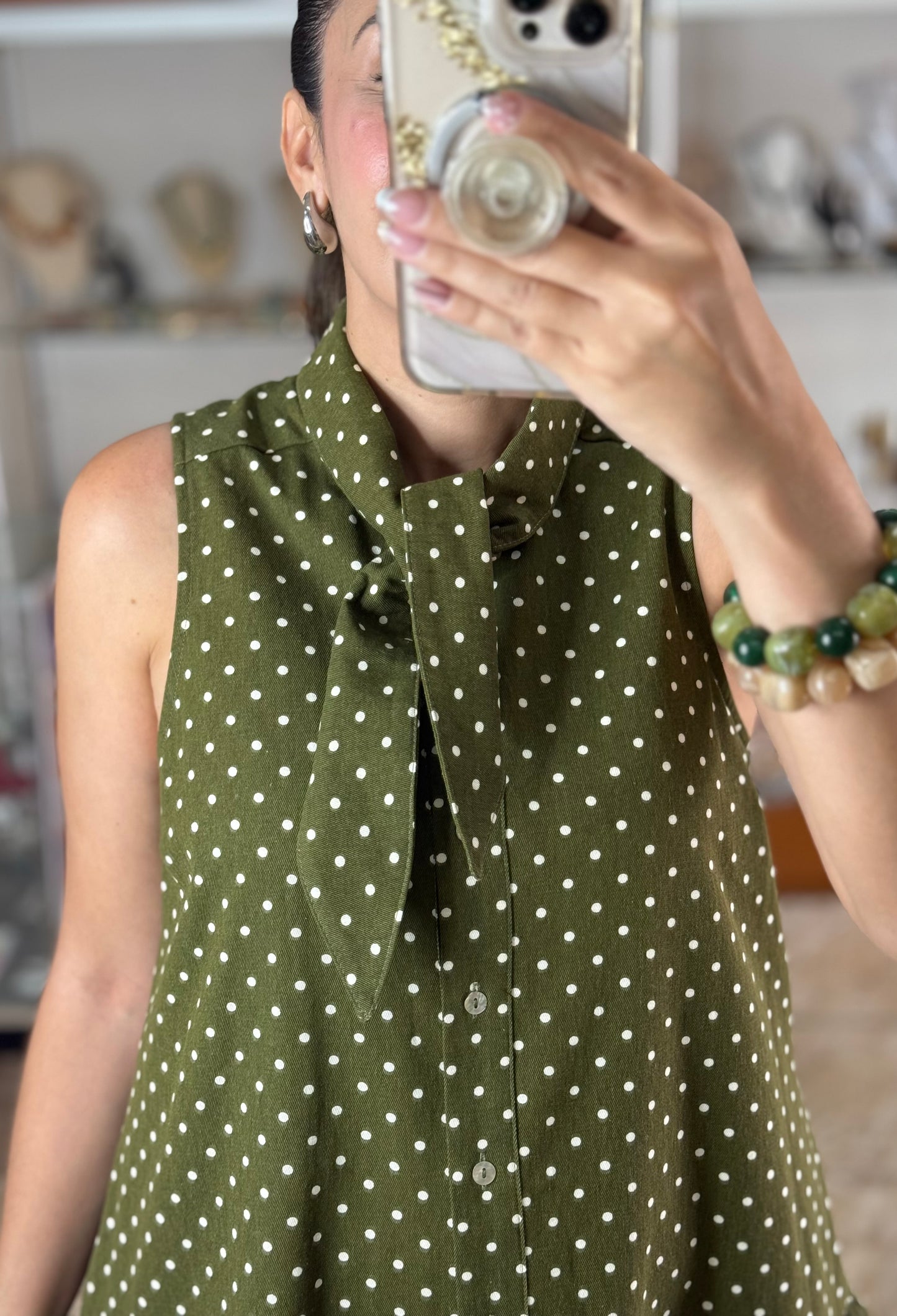 Olive Sleeveless Polkadot Mini Denim Dress