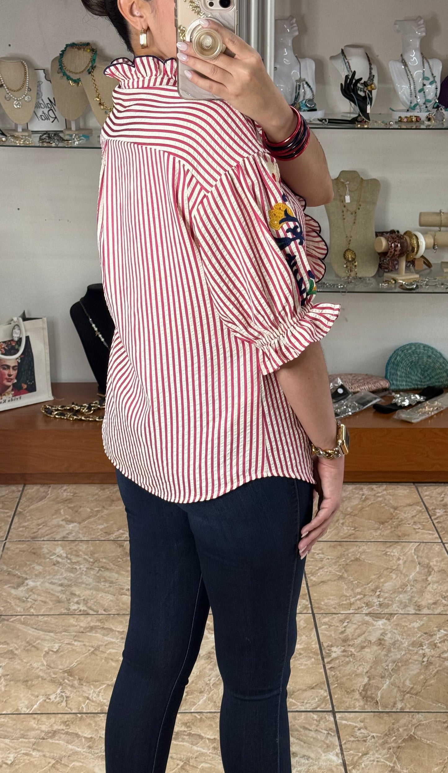 Raspberry Stripes Embroidered Sleeves Top